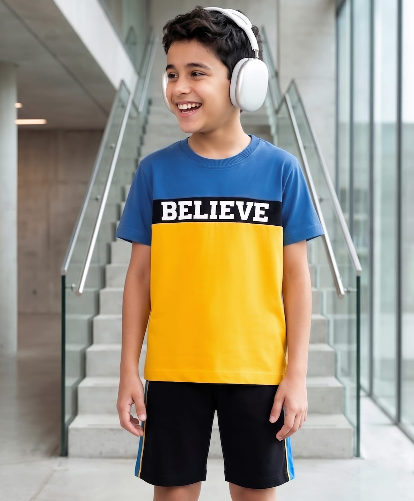 Pine Kids Single Jersey Knit Half Sleeves T-Shirt & Shorts Set with Believe Print - Blue Yellow & Black-image-43