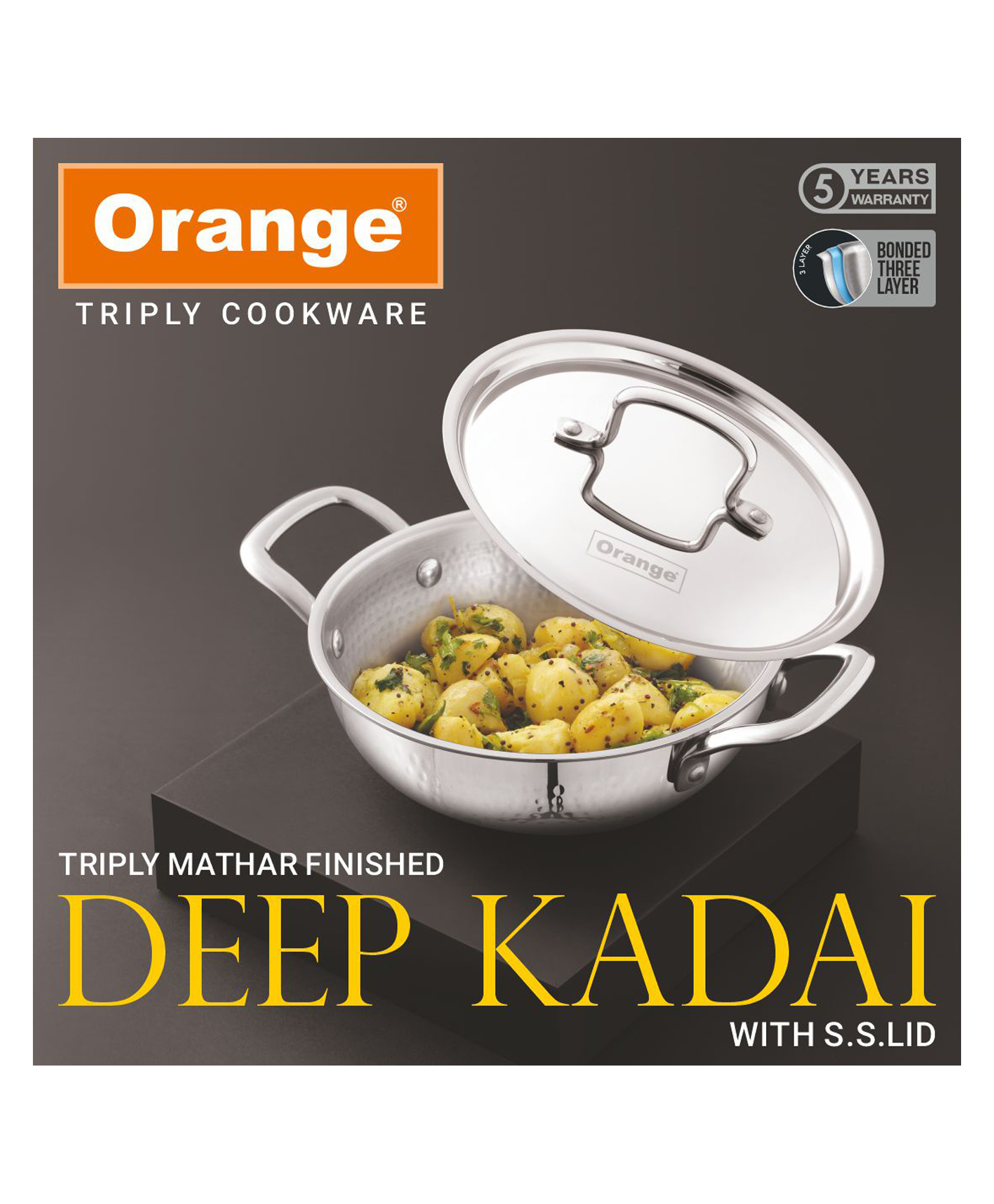 Orange Cookware Stainless Steel Triply Mathar Deep Kadai With Stainless Steel Lid - 2.5 Litre-picture-15