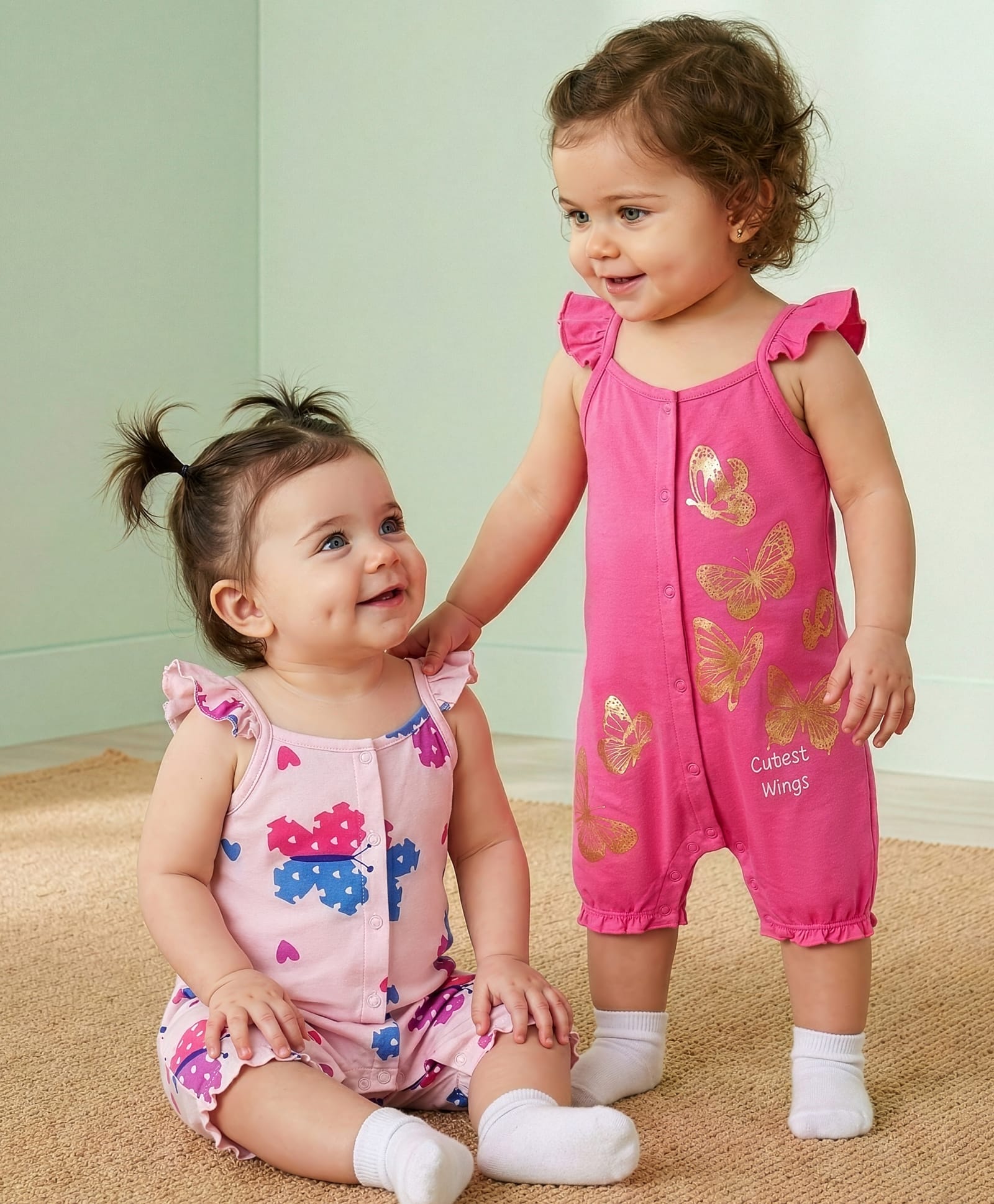 Babyoye Eco Conscious 100% Cotton Knit With Eco Jiva Finish Frill Sleeves Onesies with Butterfly Foil Print Pack of 2 - Pink-picture-20