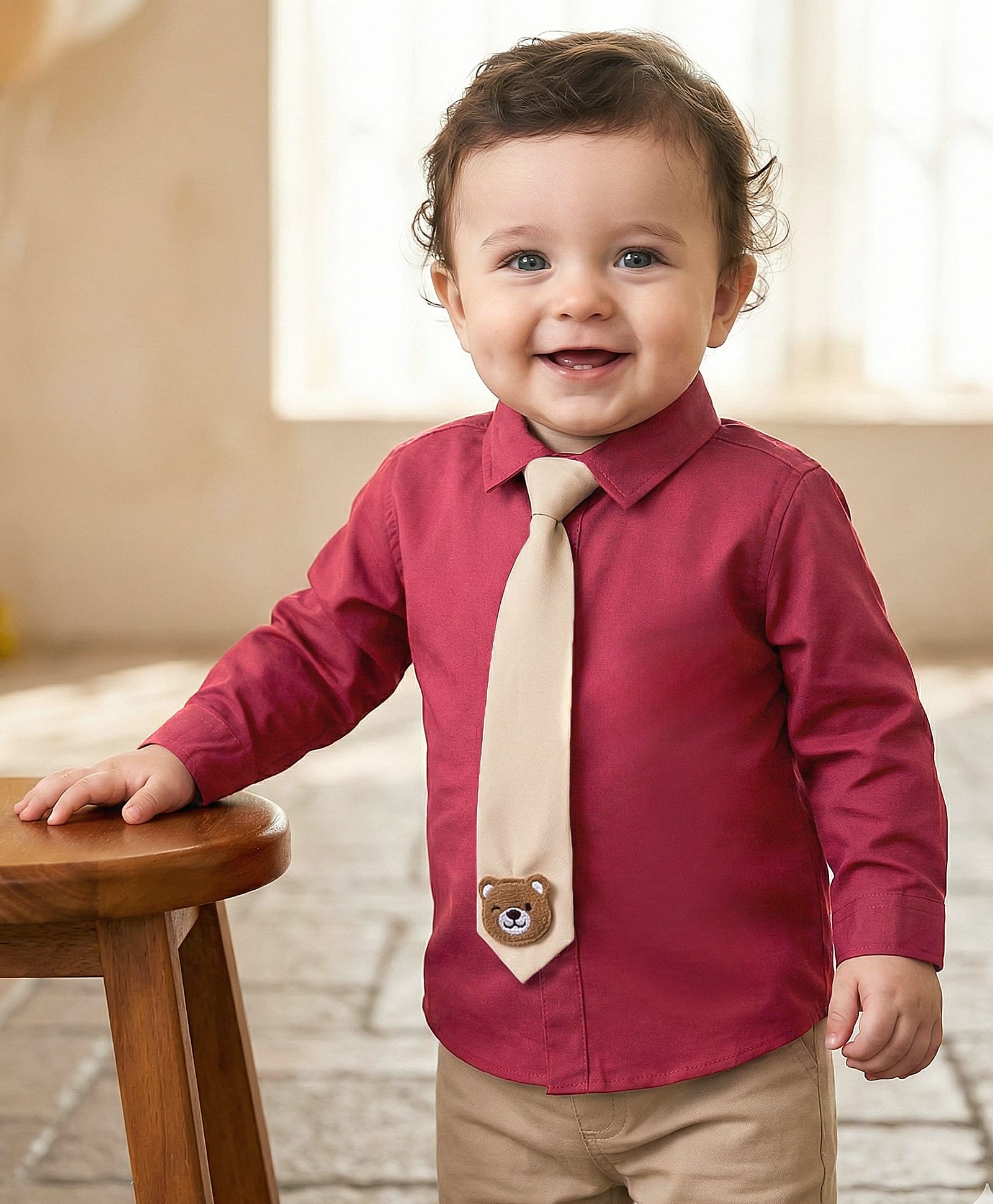 Babyoye Cotton Blend Woven Full Sleeves Solid Color Party Shirt with Tie - Maroon-image-14