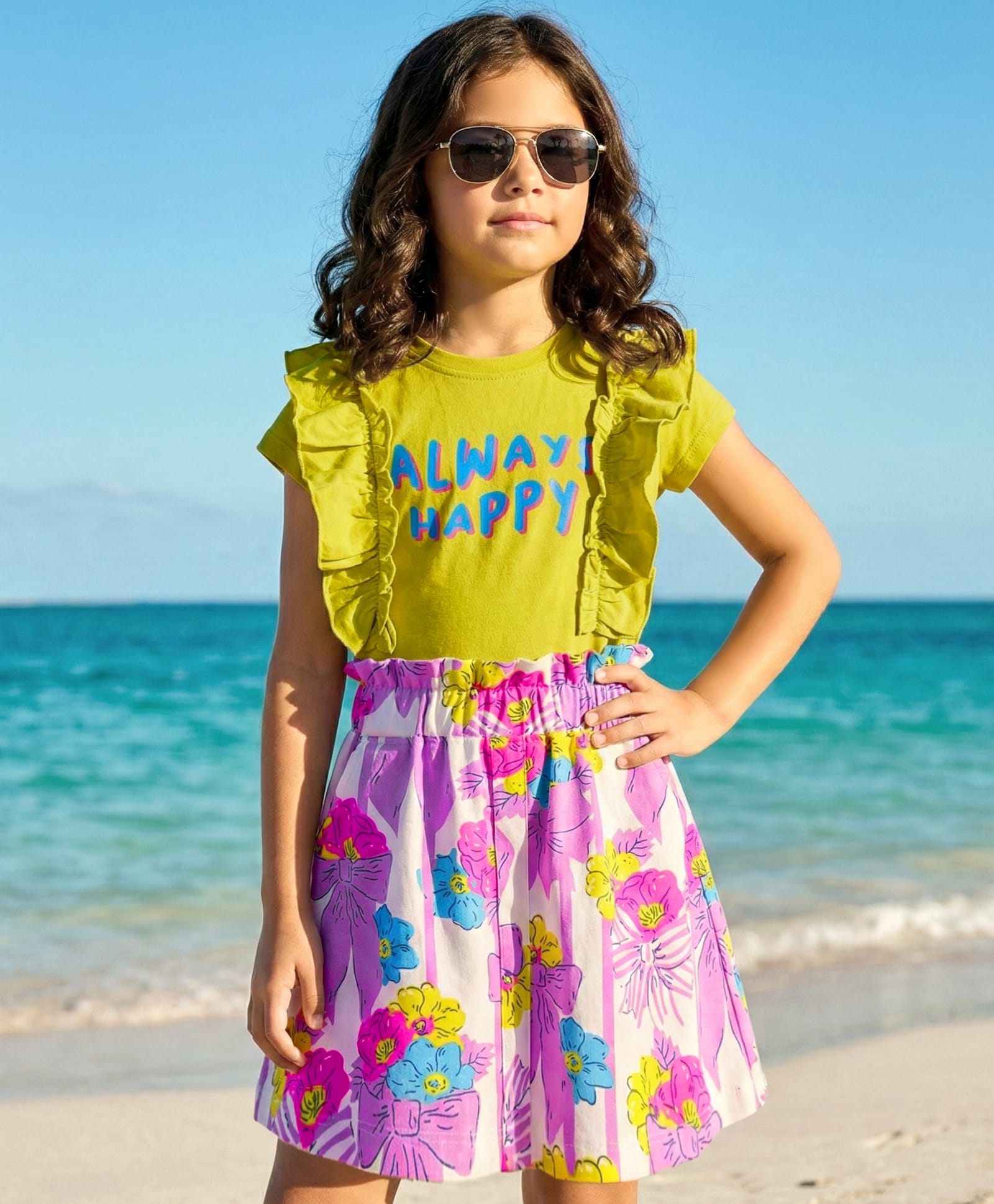 OLLINGTON ST. Cotton Half Sleeves Top & Printed Knit Skirt Set - Lime & Multicolor-image-28