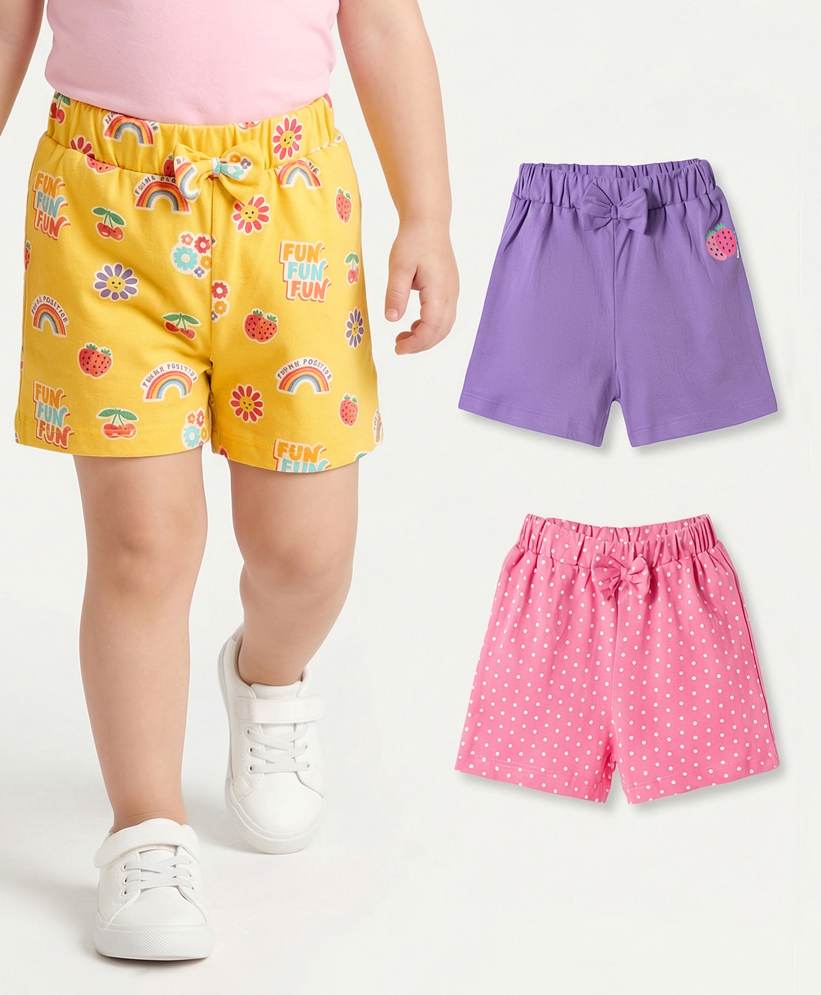 Babyhug Single Jersey Knit Mid Thigh Printed Shorts with Bow Applique Pack of 3 - Multicolor-picture-17