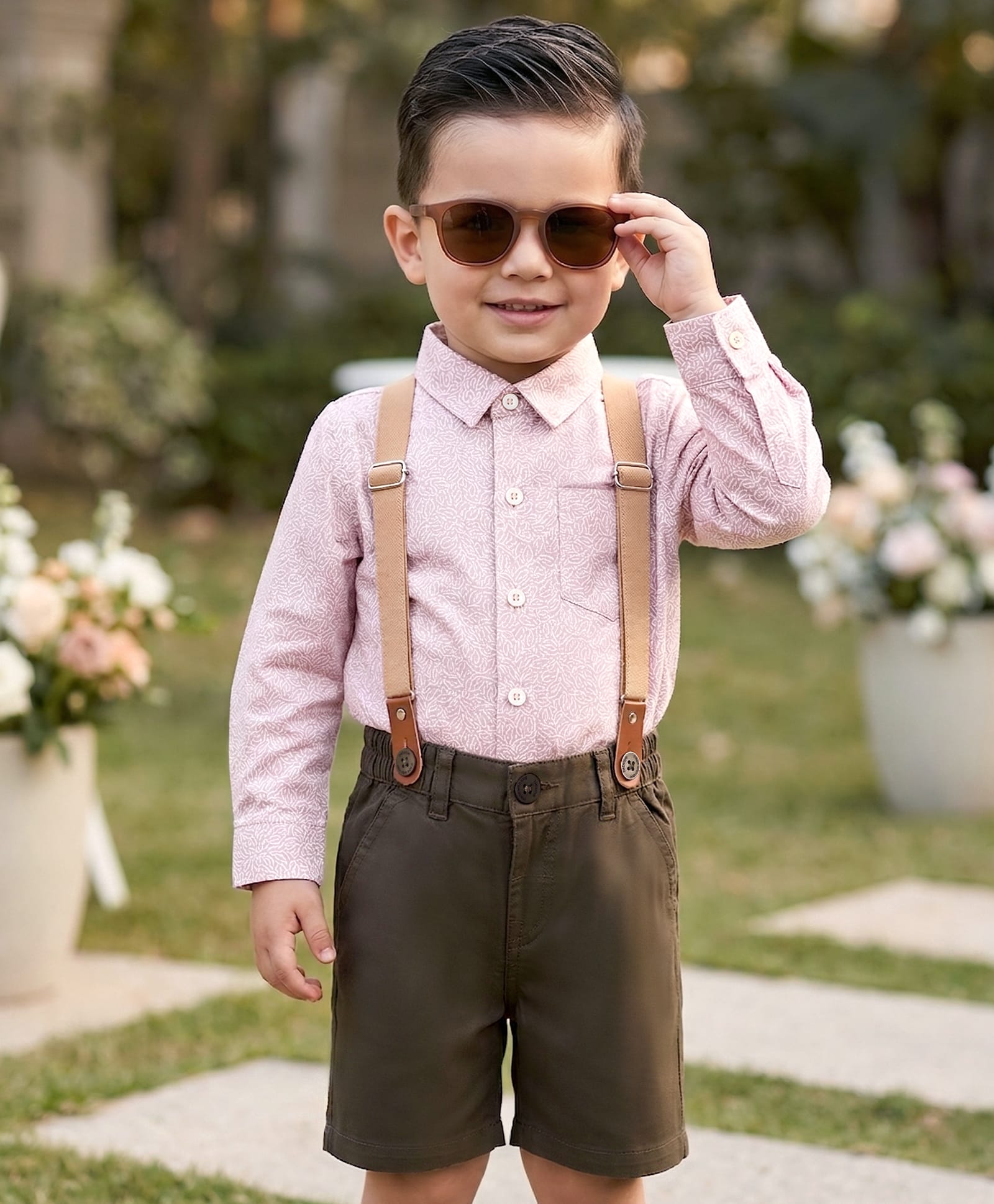 Babyoye 100% Cotton Woven Full Sleeves Solid Party Shirt & Shorts Set With Suspender - Beige-image-1