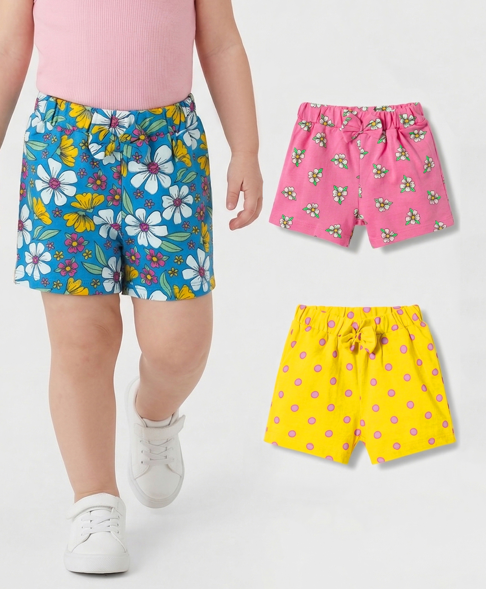 Babyhug Single Jersey Knit Mid Thigh Floral Printed Shorts with Bow Applique Pack of 3 - Multicolor-picture-14
