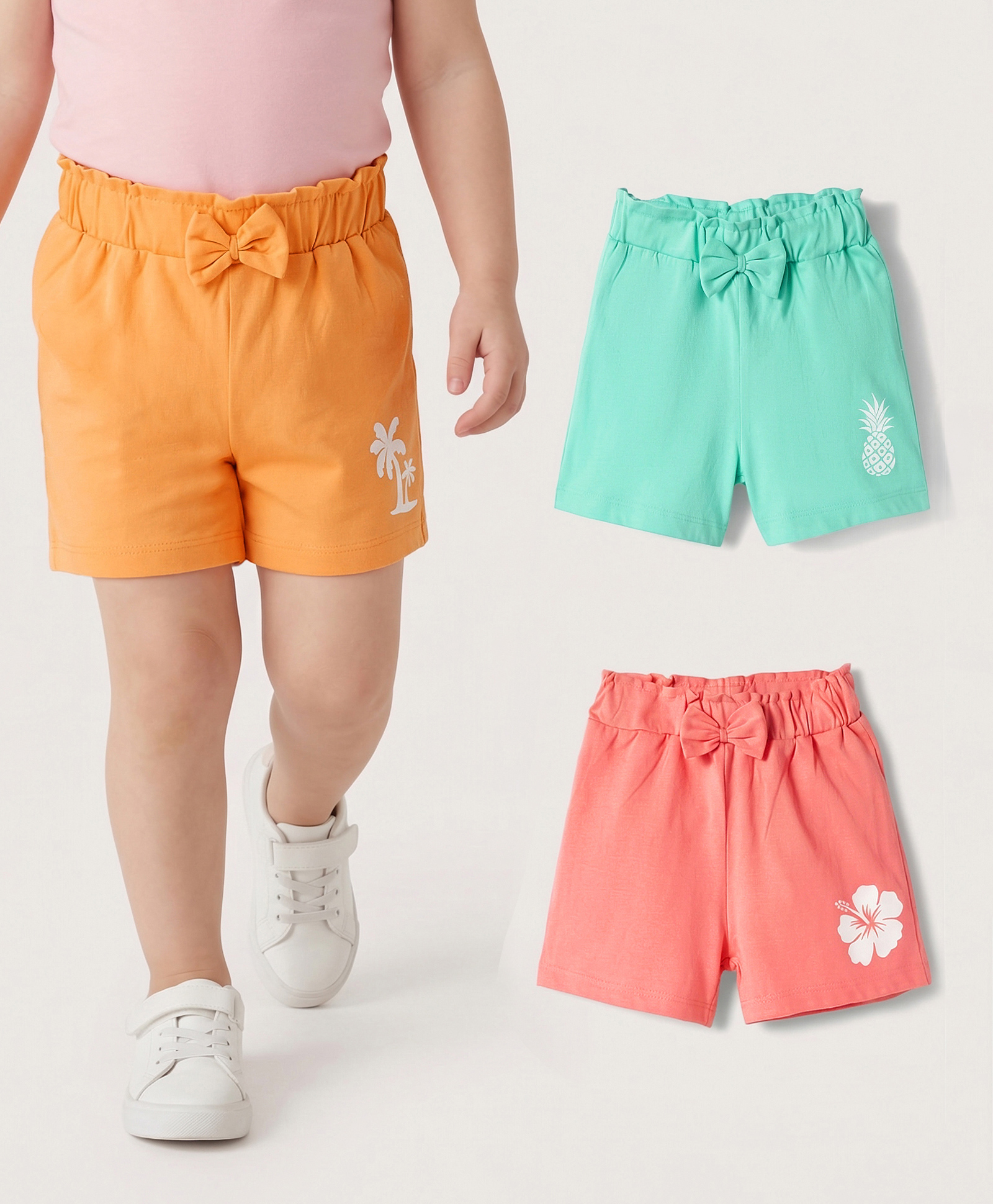 Babyhug Single Jersey Knit Mid Thigh Tropical Theme Printed Shorts with Bow Applique Pack of 3 - Multicolor-picture-25