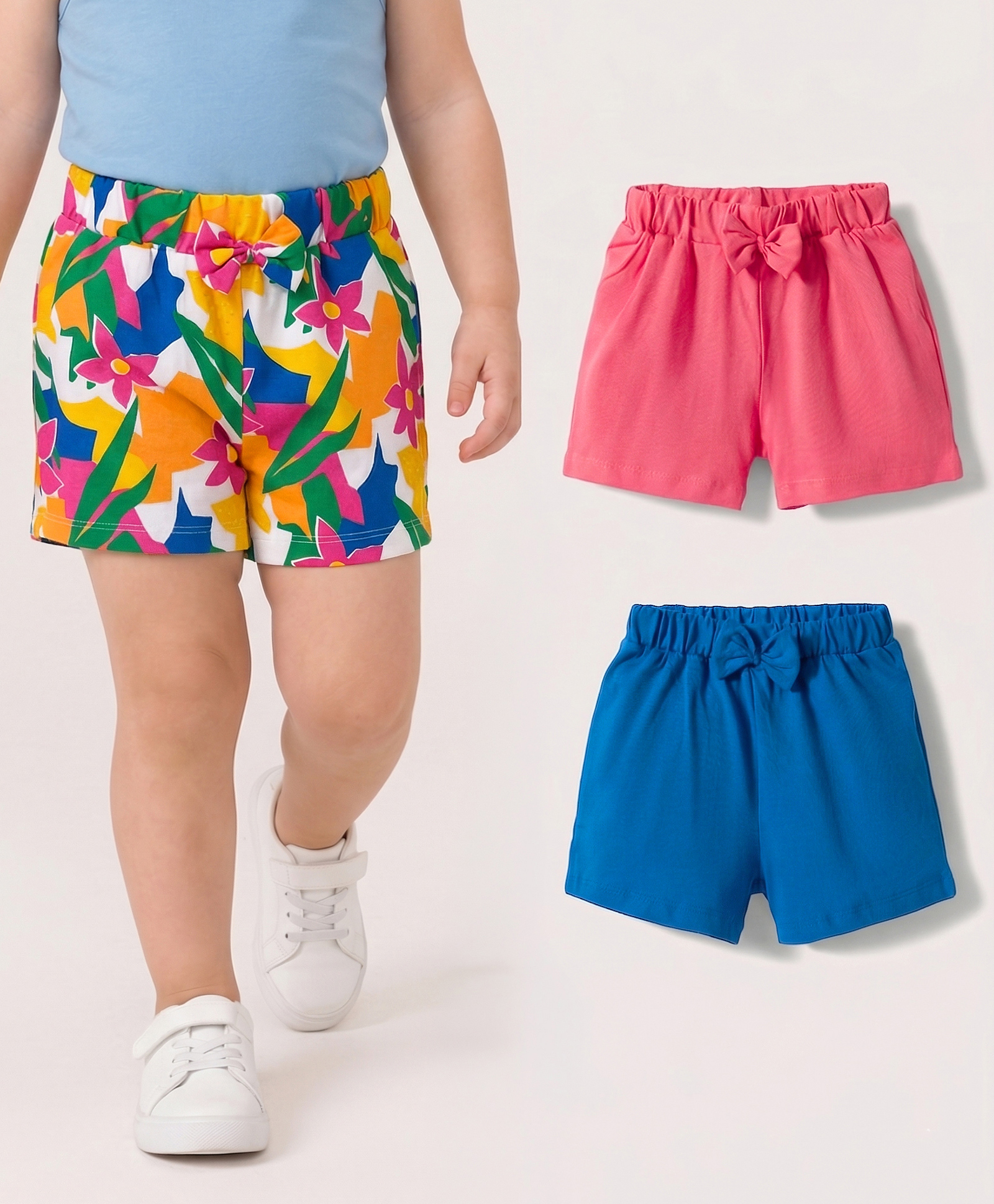 Babyhug Single Jersey Knit Mid Thigh Floral Printed Shorts with Bow Applique Pack of 3 - Multicolor-picture-12
