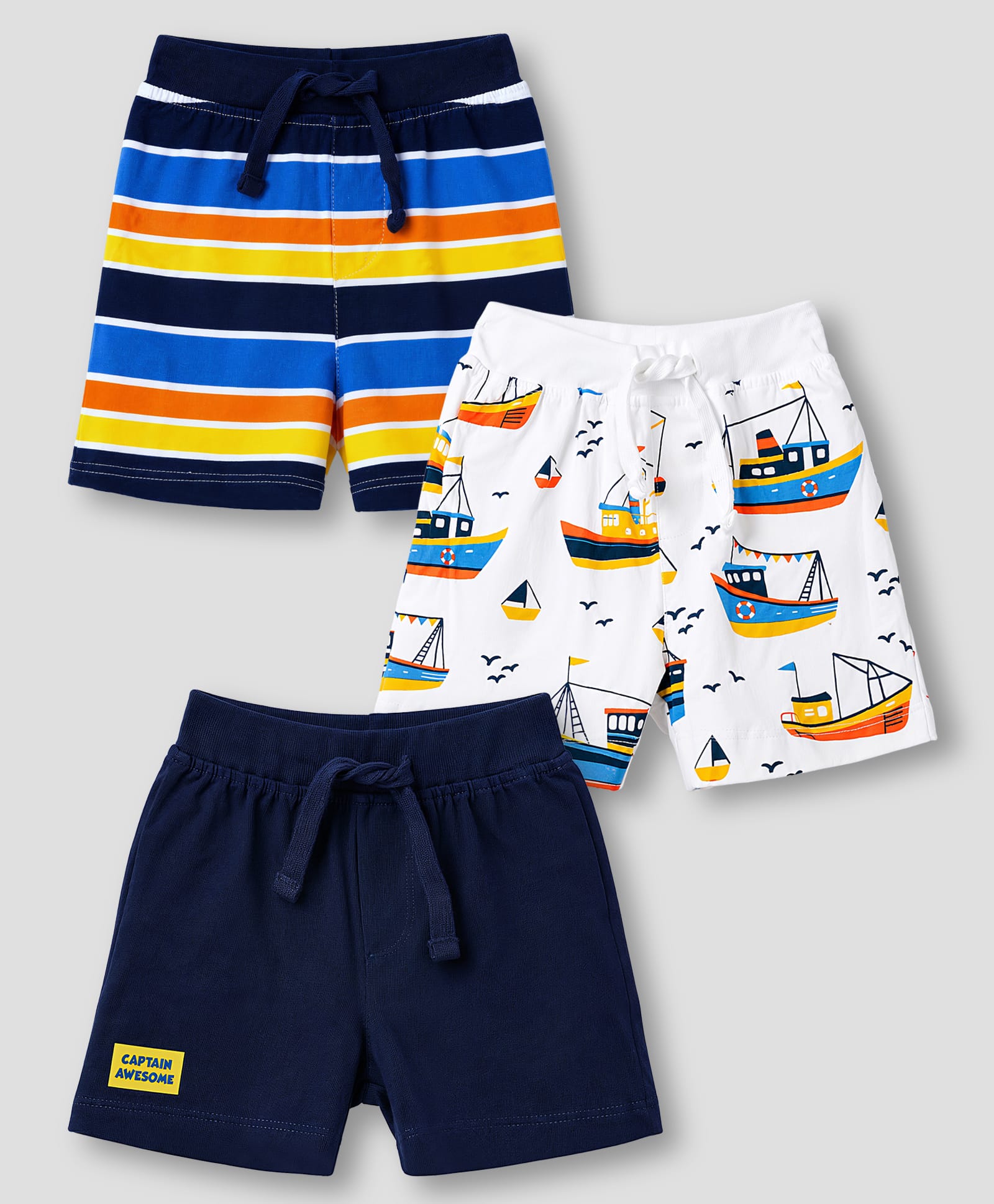 Babyhug Single Jersey Knit Mid Thigh Nautical Theme Printed & Striped Shorts Pack of 3 - Multicolor-picture-21