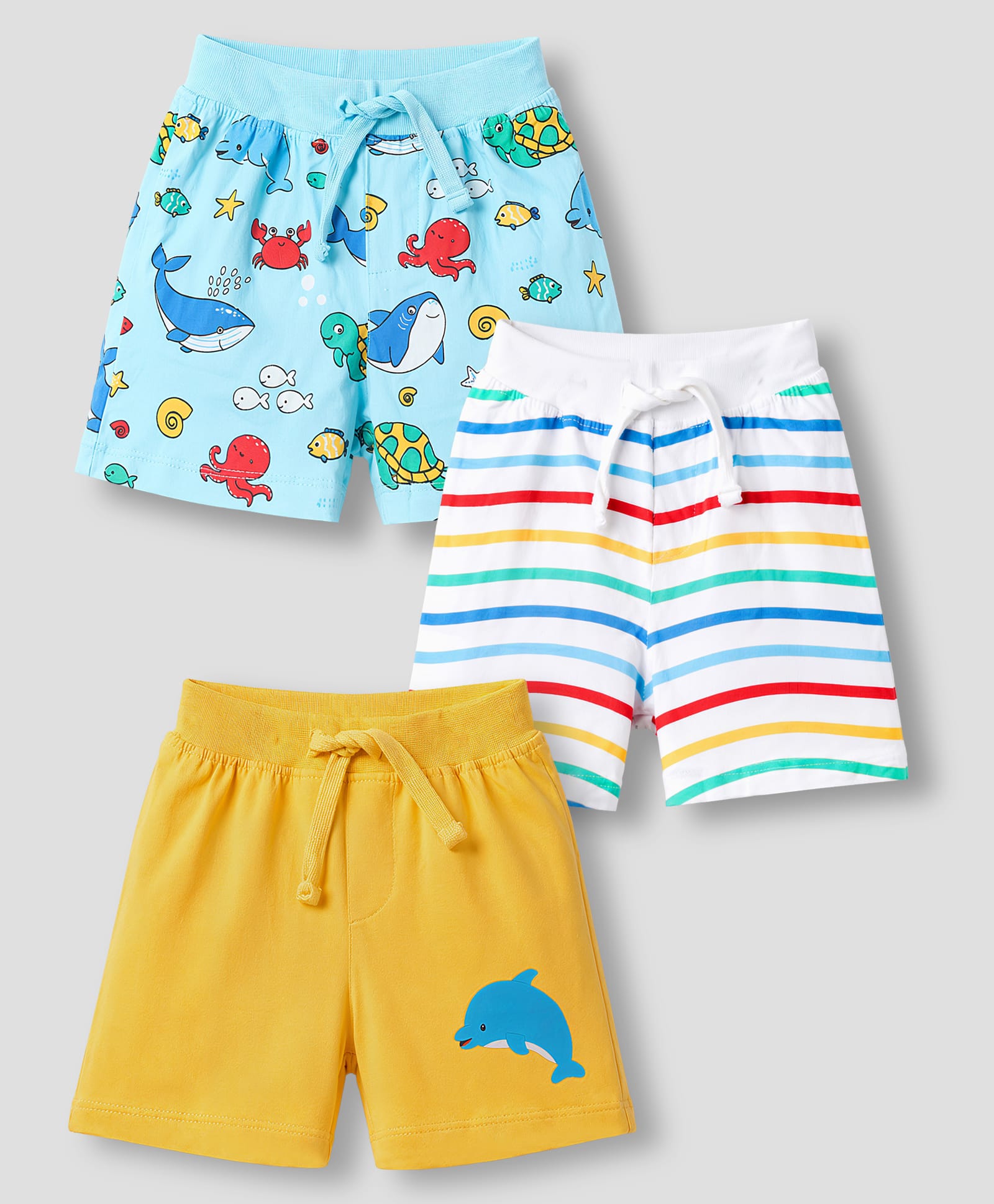 Babyhug Single Jersey Knit Mid Thigh Striped & Sea Life Printed Shorts Pack Of 3 - Multicolor-picture-16