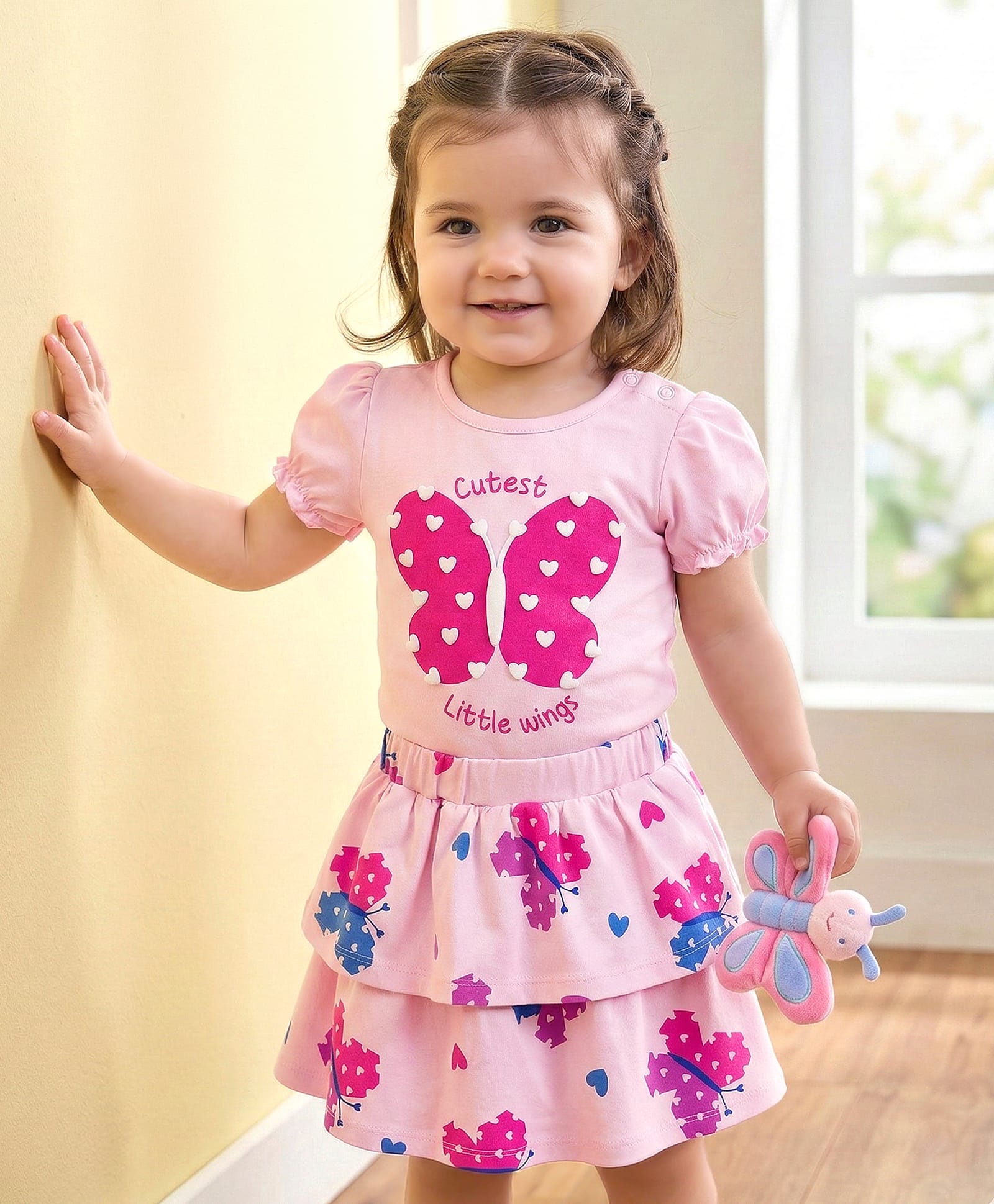 Babyoye Eco Conscious 100% Cotton Knit With Eco Jiva Finish Half Sleeves Butterfly Printed Top & Skirt Set -Pink & Blue-image-5