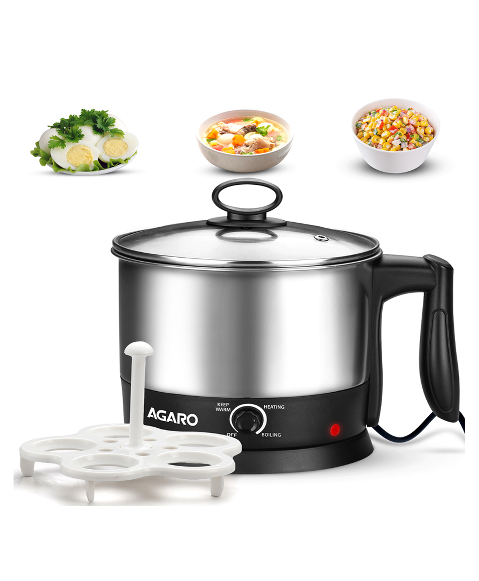 AGARO Esteem Electric Multi Kettle 1.2L 600W Stainless Steel Body Egg Rack Grill Rack 3 Heating Modes Rapid Boil Tea Coffee Oats Noodle Soup-picture-11