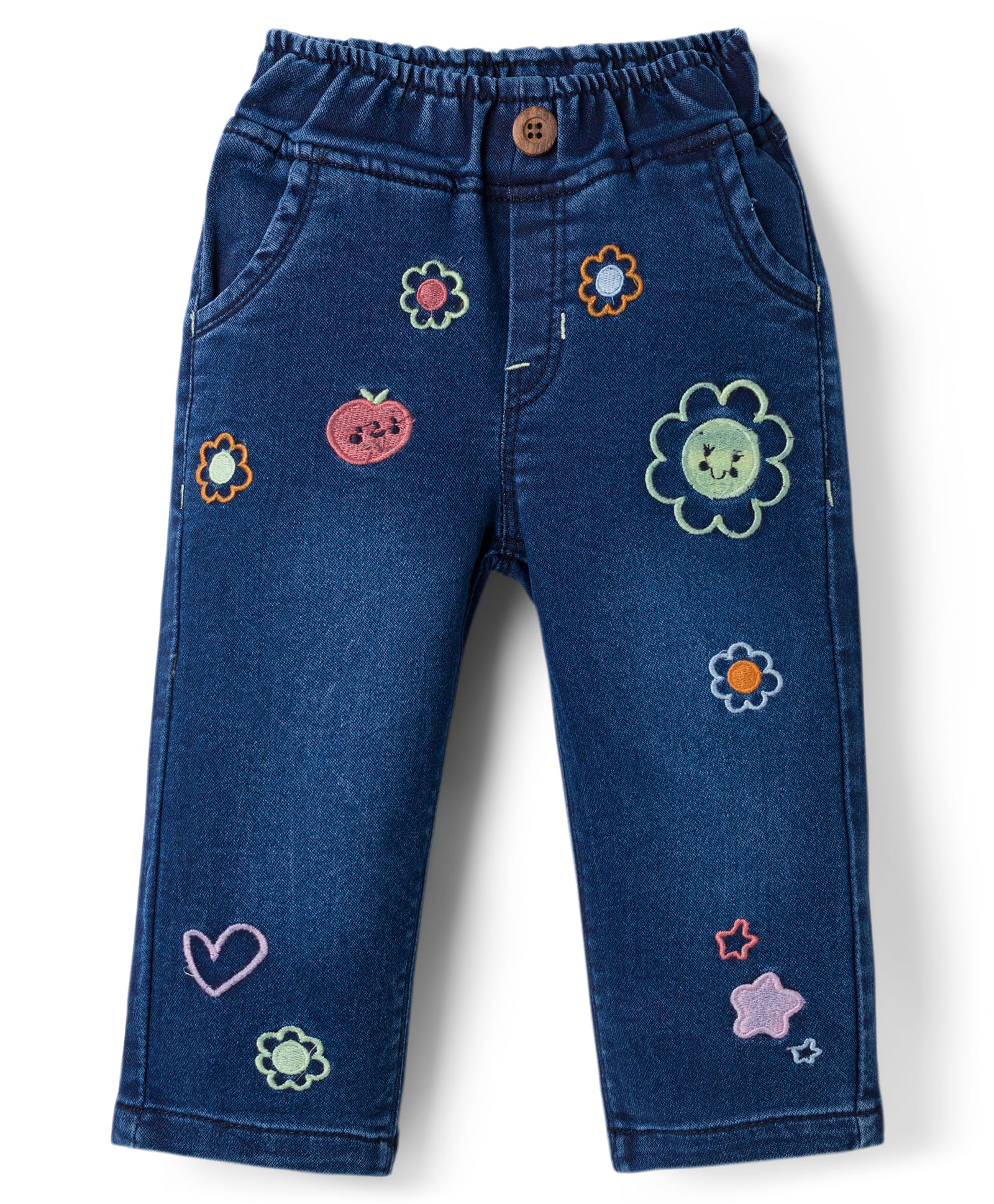 Olio Kids Denim Woven Full Length Floral & Hearts Embroidered Jeans - Navy Blue-picture-11
