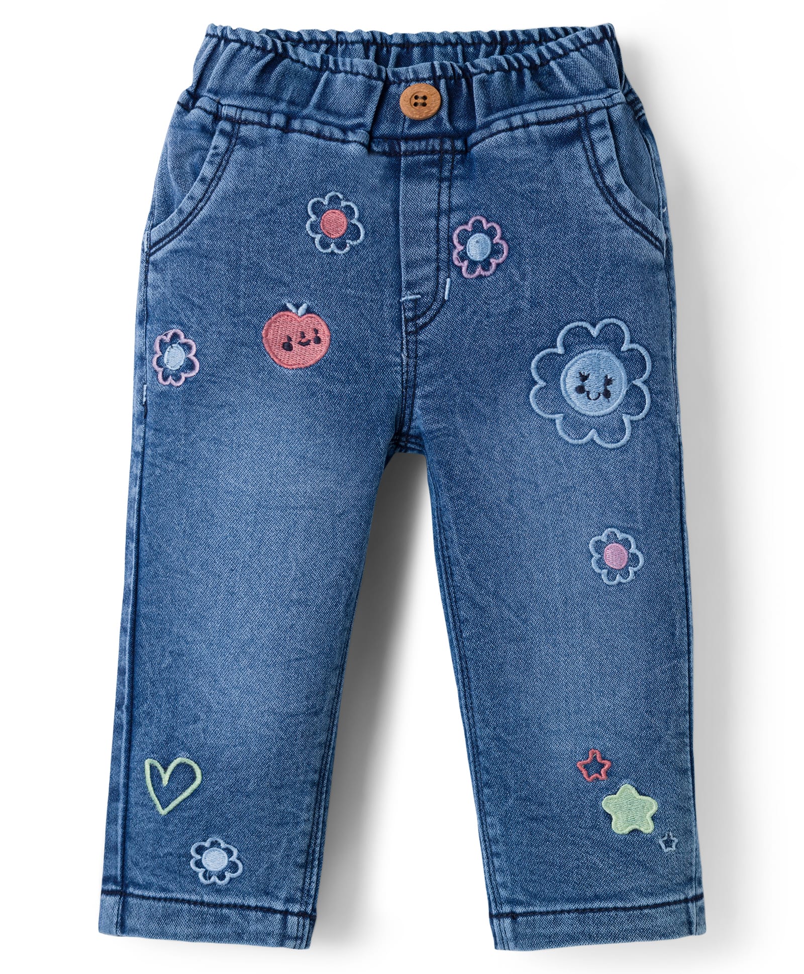 Olio Kids Denim Woven Full Length Floral & Hearts Embroidered Jeans - Light Blue-picture-28