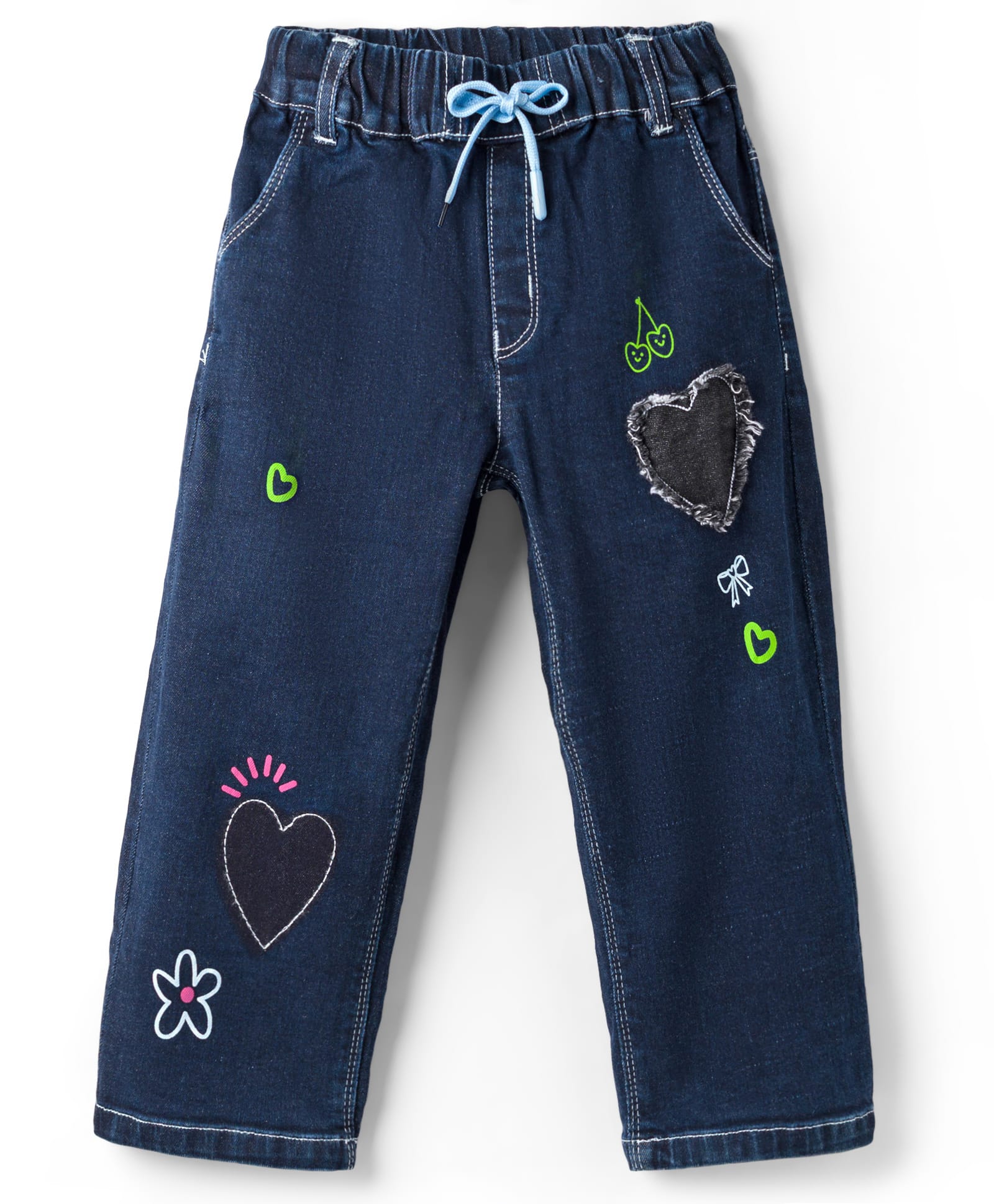 Olio Kids Woven Full Length Denim Jeans With Heart Patch - Navy Blue-picture-27