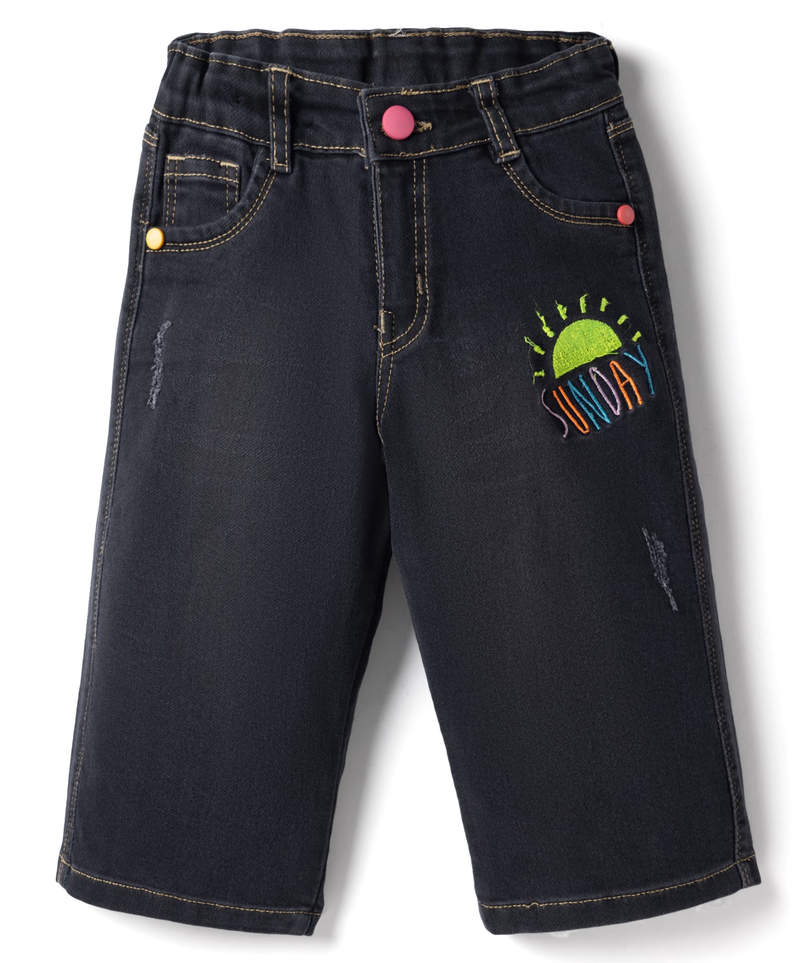 Olio Kids Denim Woven Full Length Jeans with Sunday Embroidery - Black-picture-22