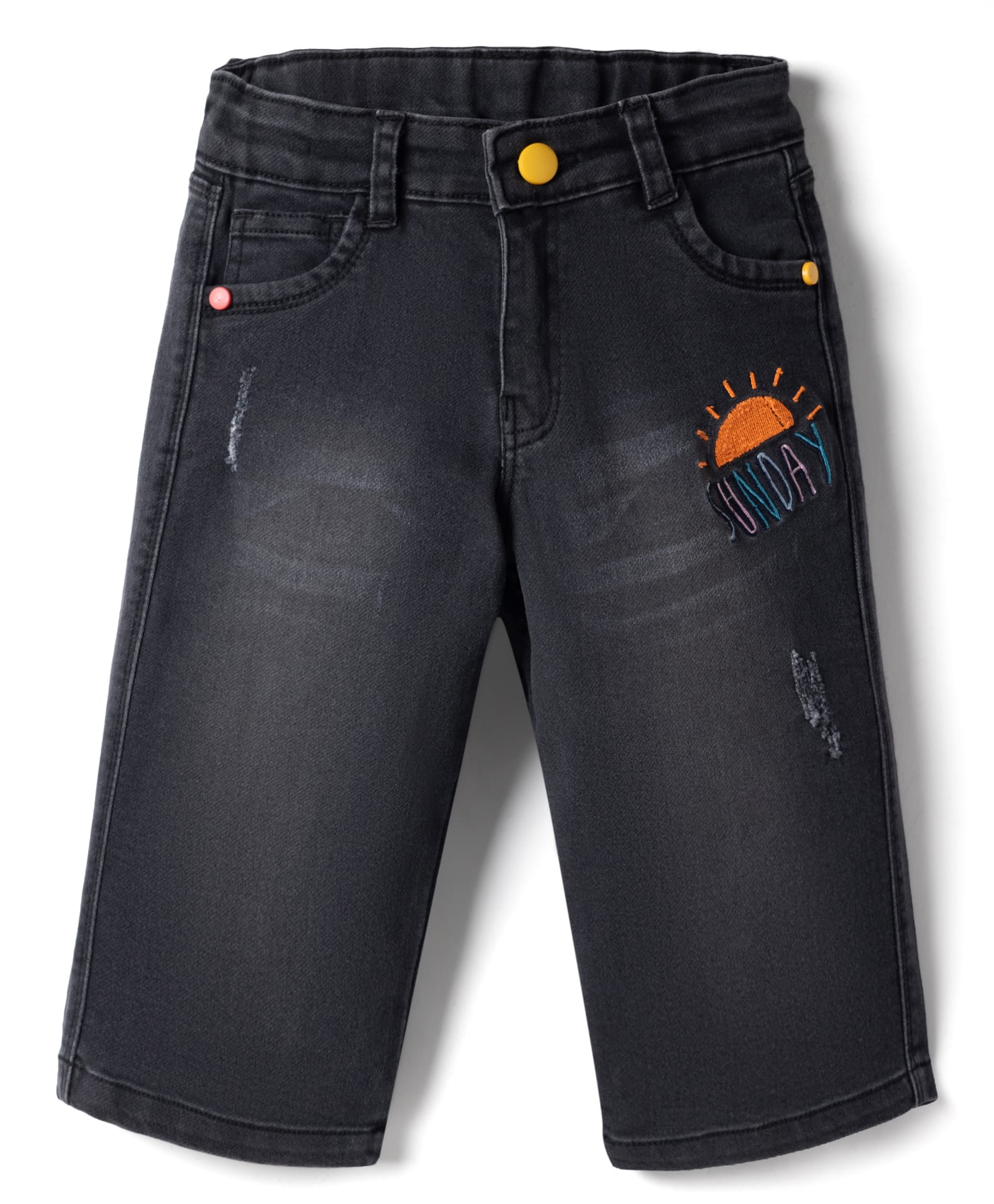 Olio Kids Denim Woven Full Length Jeans with Sunday Embroidery - Black-picture-25