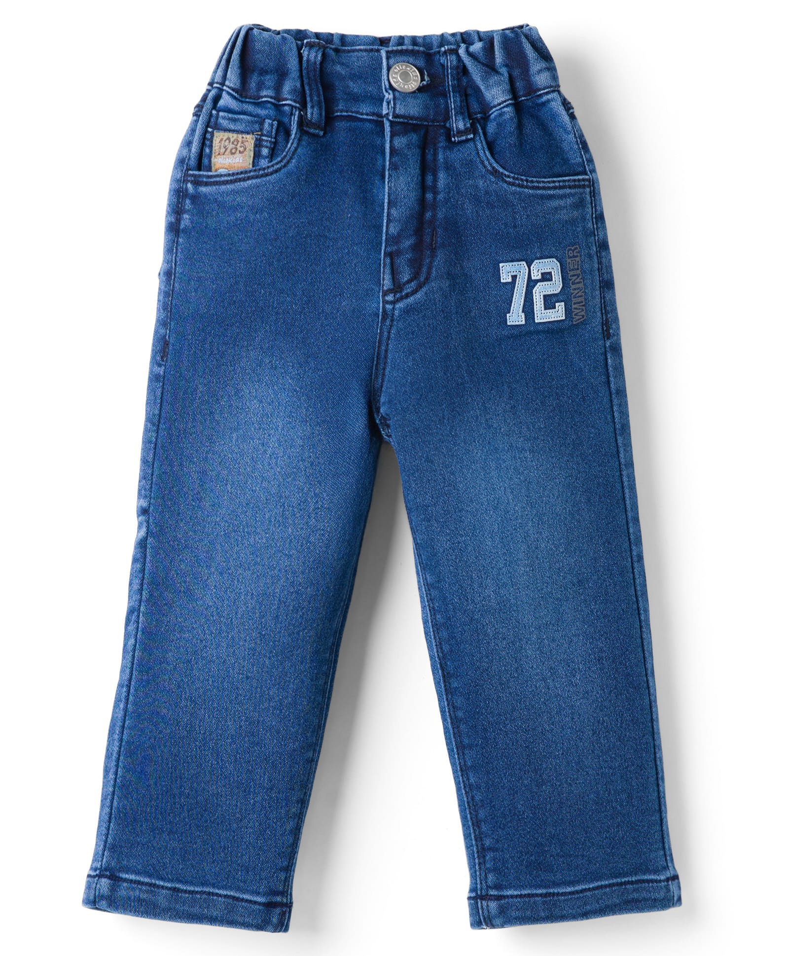 Olio Kids Woven Full Length Washed Denim Jeans with Number Patch - Blue-picture-25