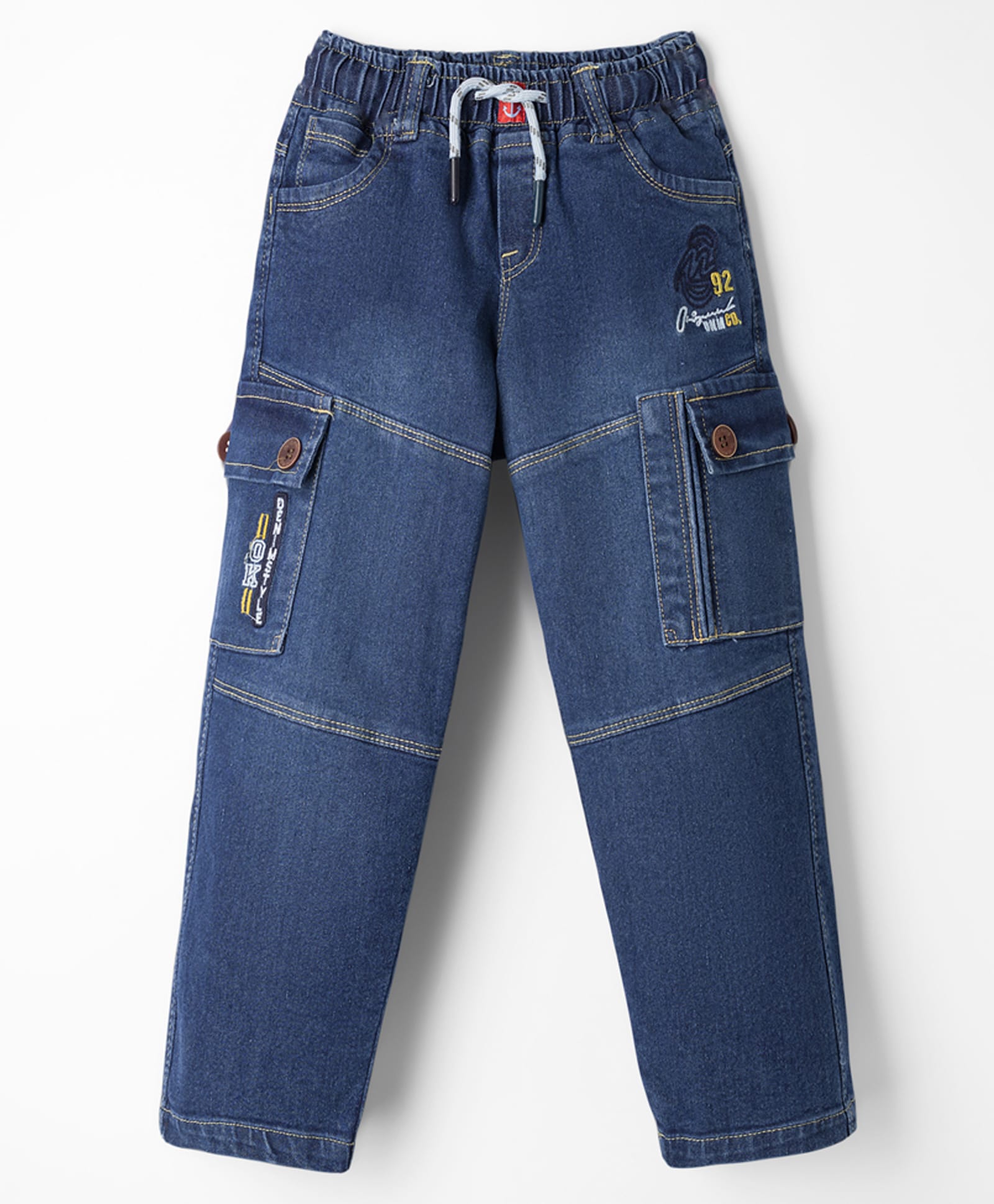 Olio Kids Denim Woven Full Length Cut & Sew Jeans with Embroidery - Navy Blue-picture-18