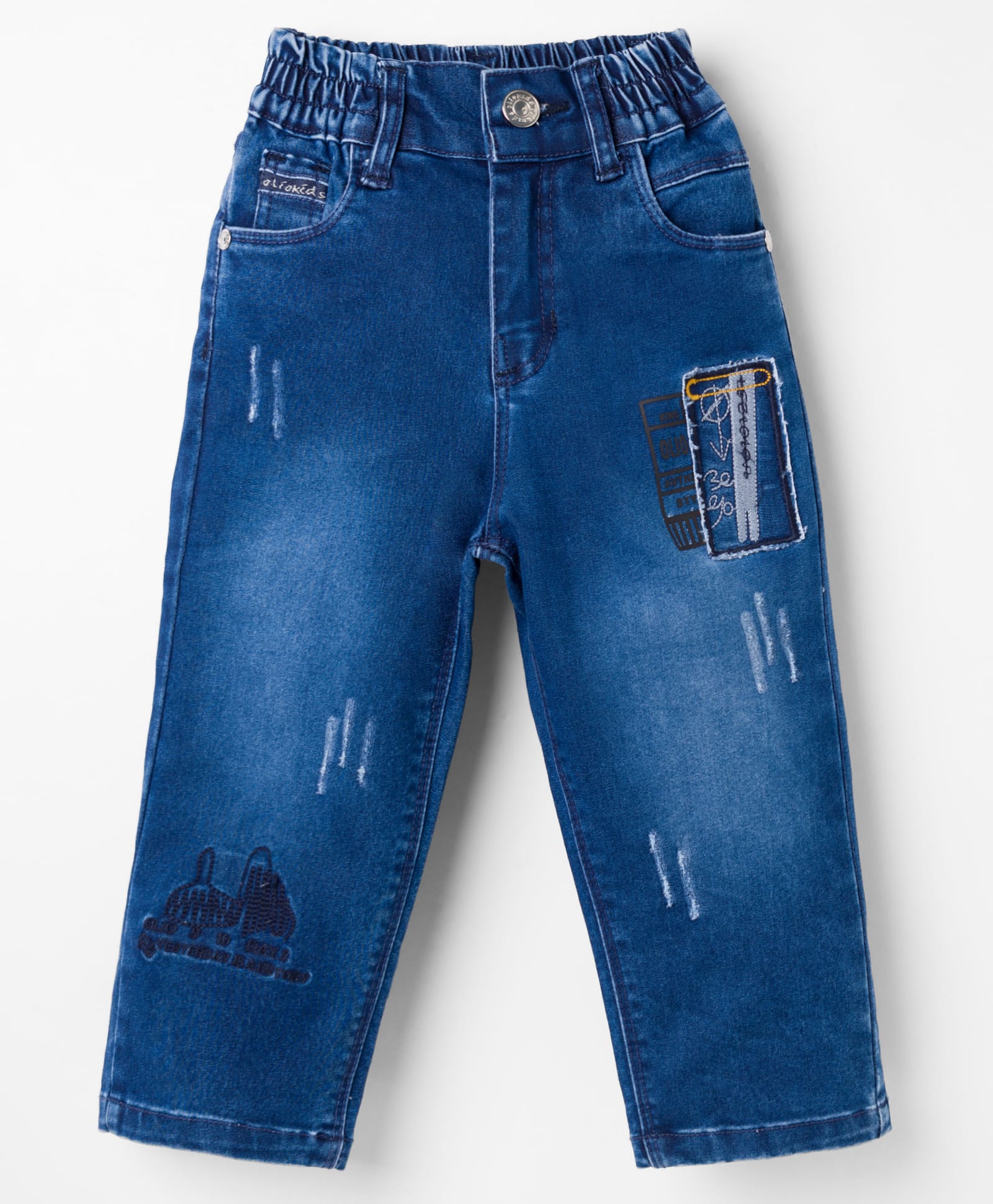 Olio Kids Woven Full Length Denim Jeans With Distressed Pattern Patch & Embroidery - Navy Blue-picture-14