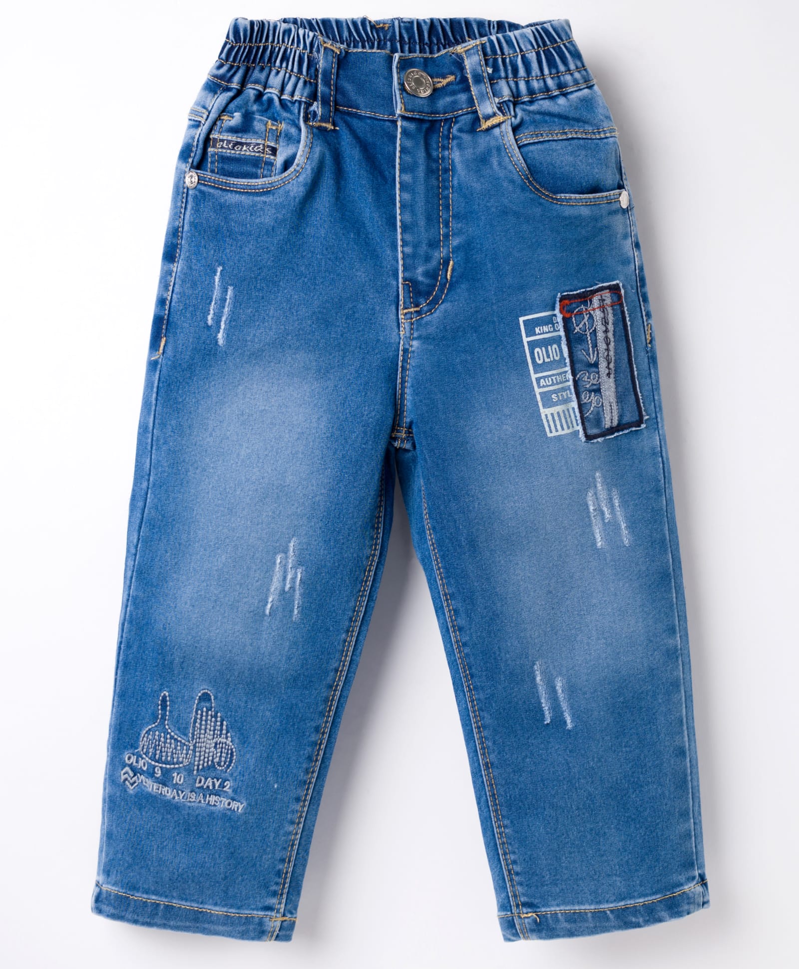 Olio Kids Woven Full Length Denim Jeans With Distressed Pattern Patch & Embroidery - Light Blue-picture-10