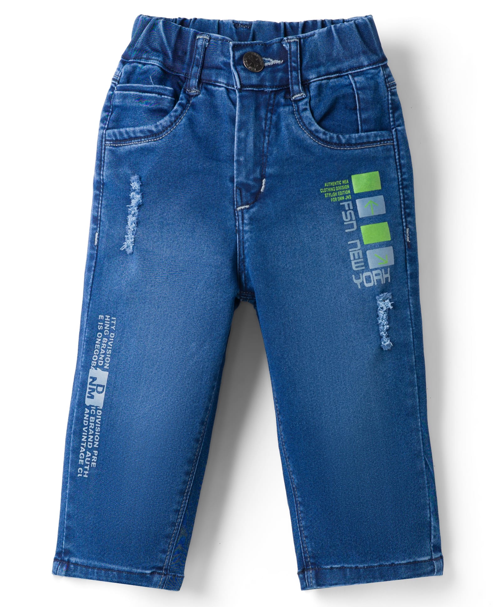 Olio Kids Woven Full Length Denim Jeans with Distressed Detailing & Text Print - Blue-picture-19