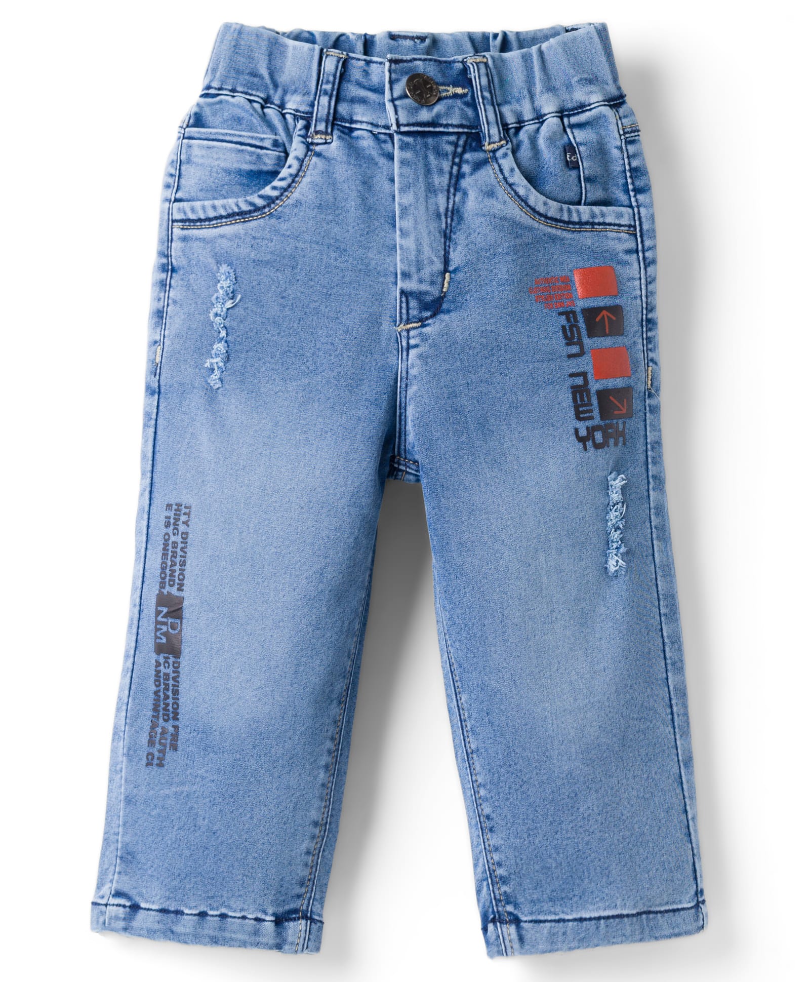 Olio Kids Woven Full Length Denim Jeans with Distressed Detailing & Text Print - Light Blue-picture-20