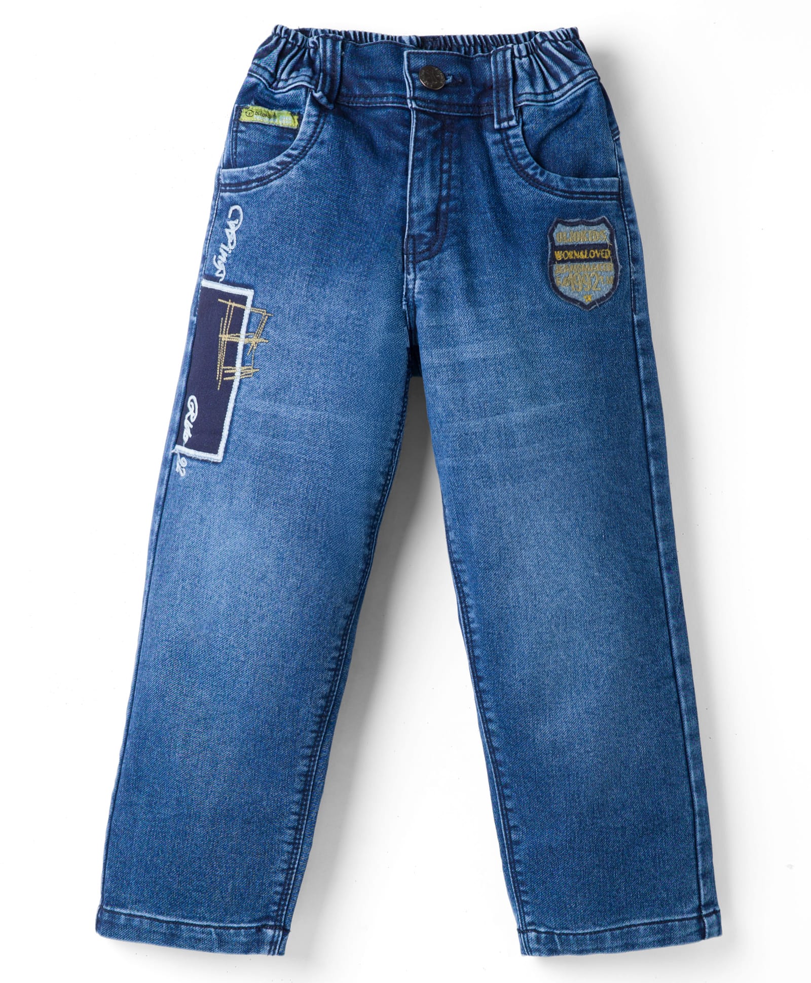 Olio Kids Woven Full Length Denim Jeans with Patch & Embroidery - Blue-picture-14