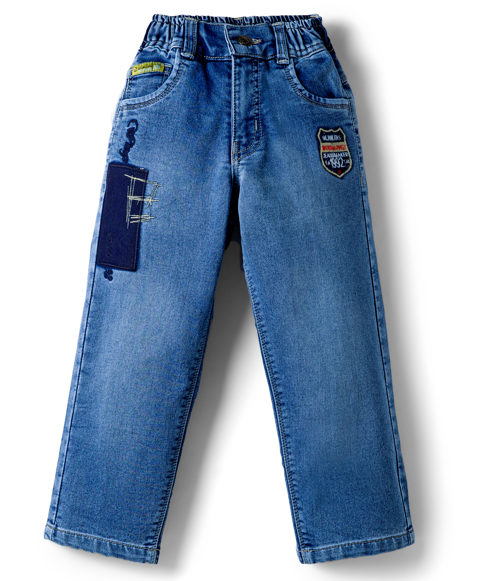 Olio Kids Woven Full Length Denim Jeans with Patch & Embroidery - Light Blue-picture-15