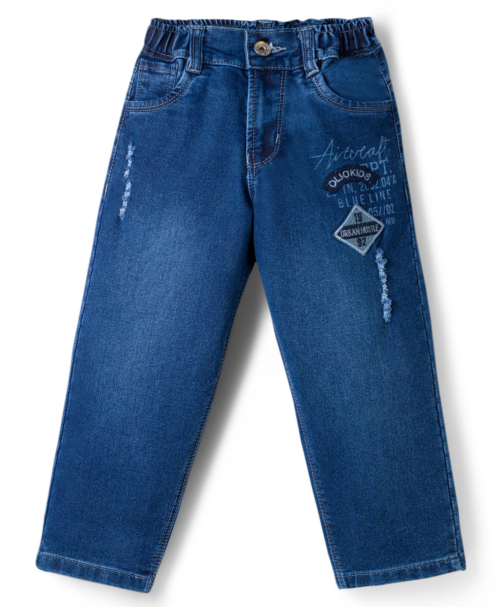 Olio Kids Denim Woven Full Length Distressed Jeans With Text Print & Patch - Navy Blue-picture-17