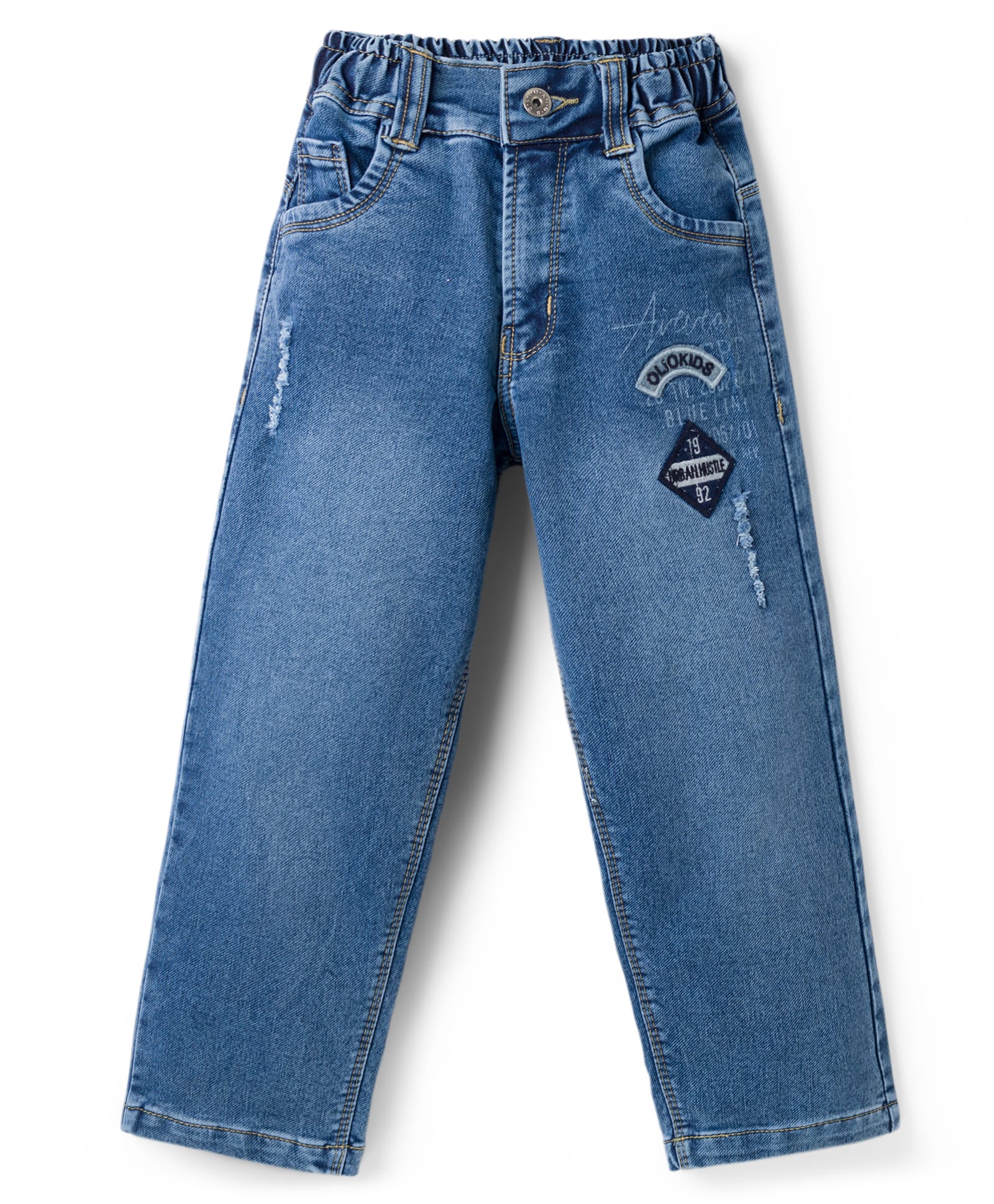 Olio Kids Denim Woven Full Length Distressed Jeans With Text Print & Patch - Light Blue-picture-15