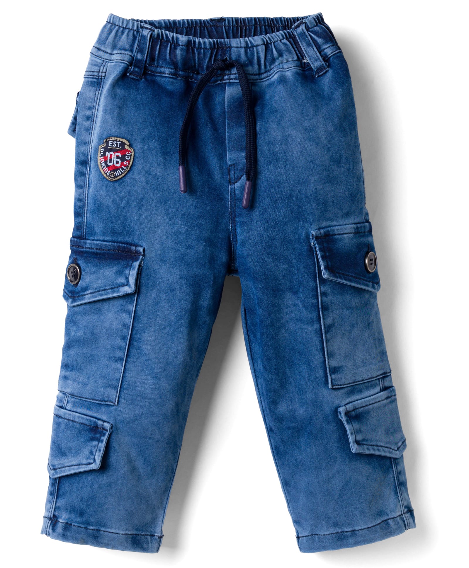 Olio Kids Denim Woven Full Length Solid Jeans With Patch & Cargo Pockets - Blue-picture-19