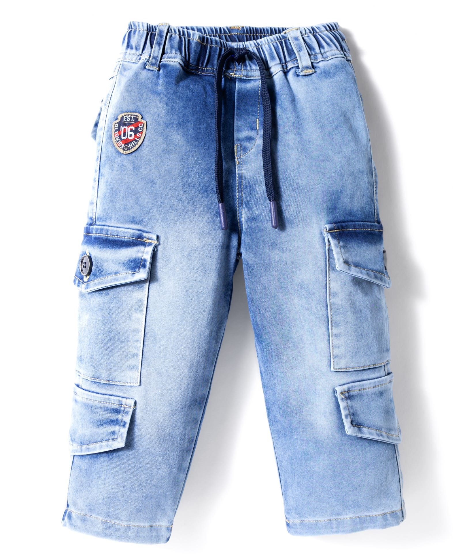 Olio Kids Denim Woven Full Length Solid Jeans With Patch & Cargo Pockets - Light Blue-picture-16