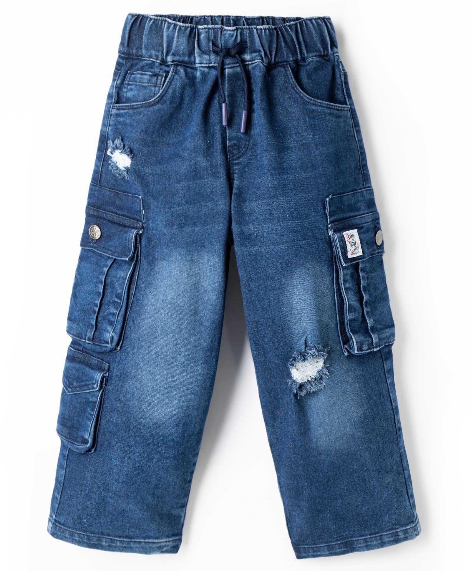 Olio Kids Denim Woven Full Length Distressed Jeans with Cargo Pockets - Navy Blue-picture-38