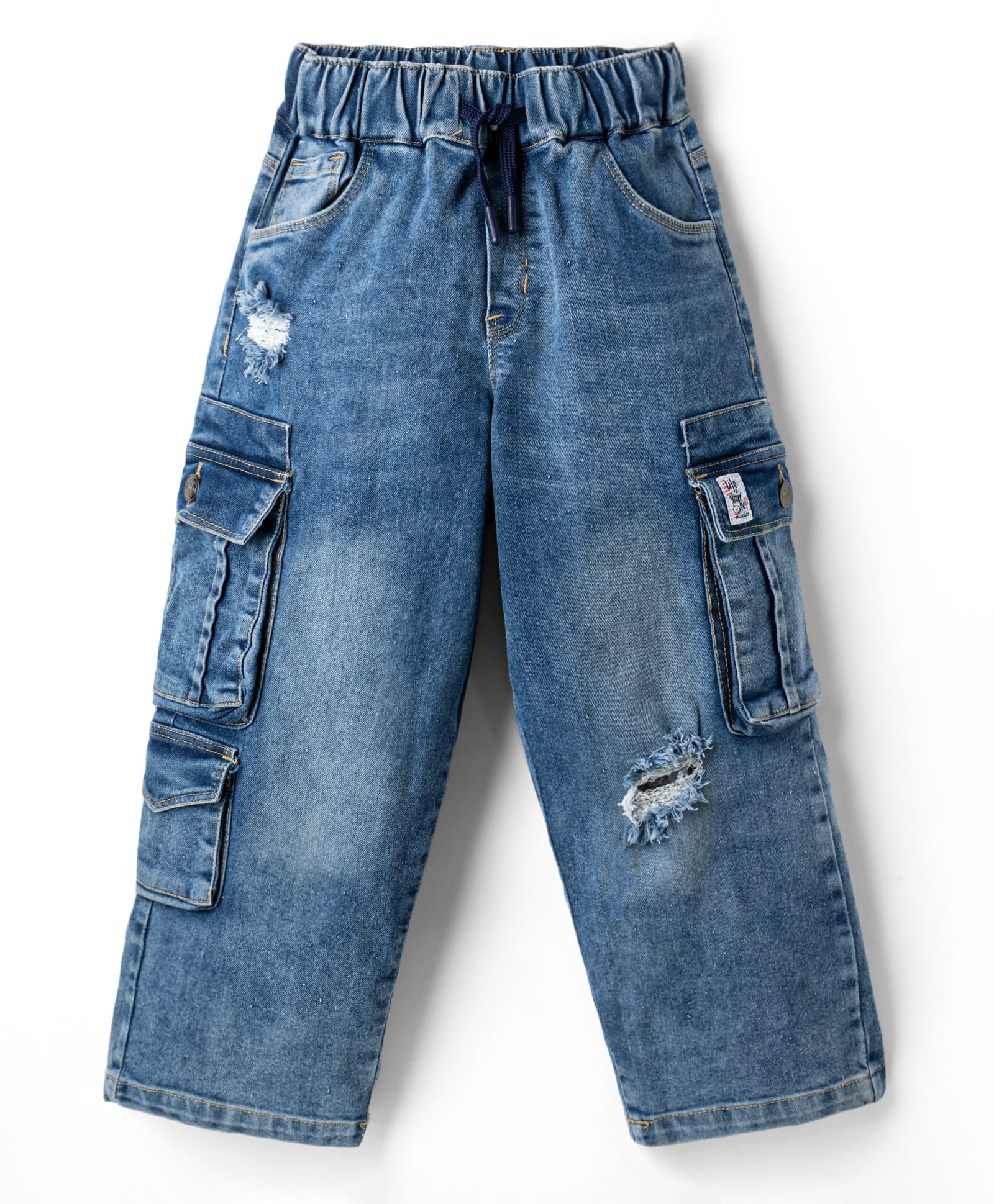 Olio Kids Denim Woven Full Length Distressed Jeans with Cargo Pockets - Light Blue-picture-21