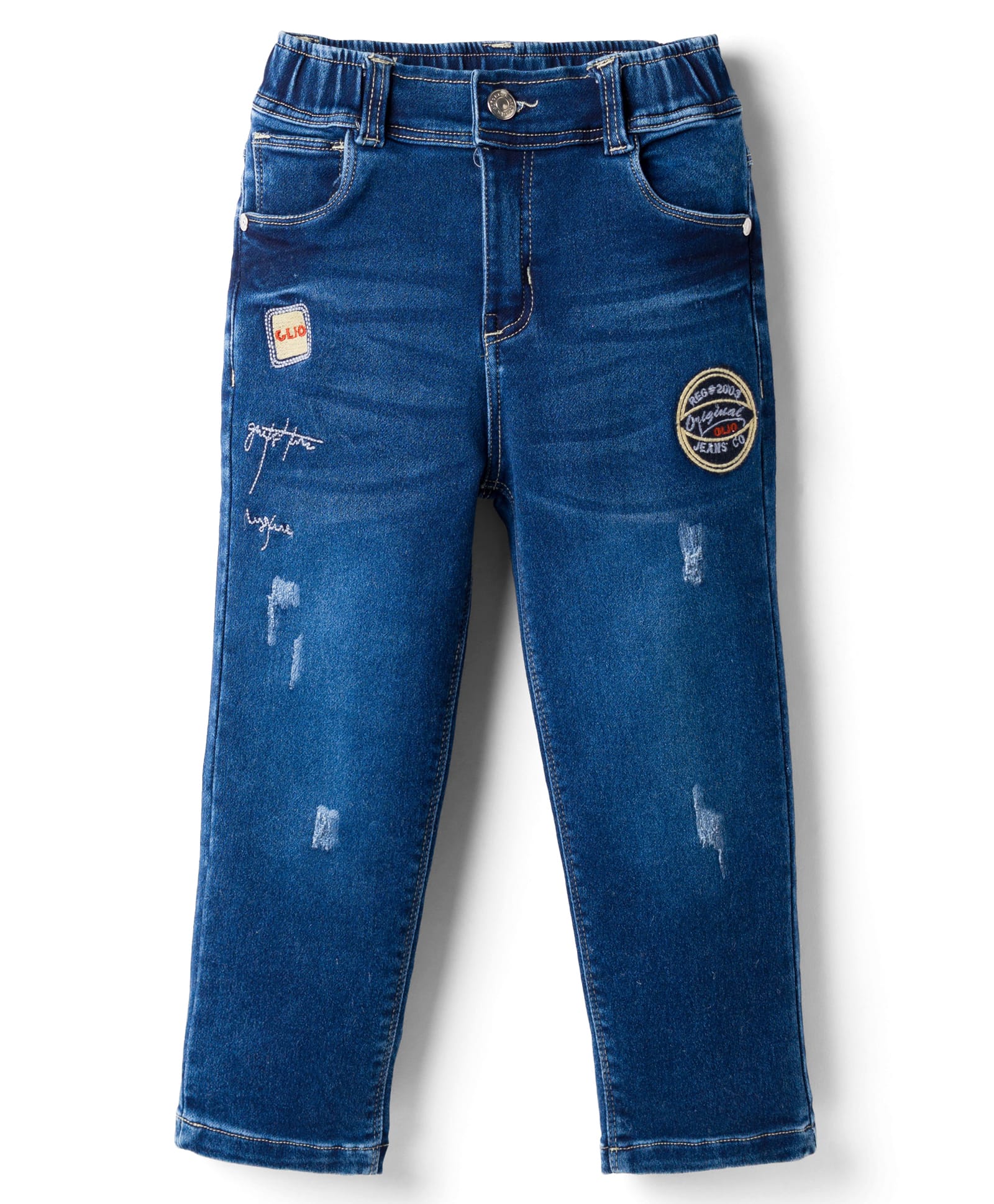 Olio Kids Denim Woven Full Length Distressed Solid Jeans With Patch - Navy Blue-picture-34