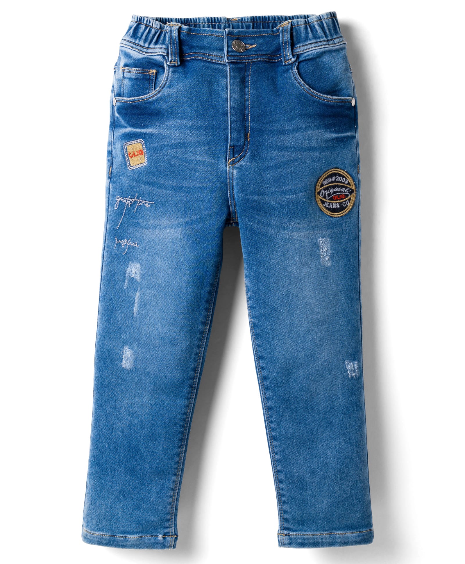 Olio Kids Denim Woven Full Length Distressed Solid Jeans With Patch - Light Blue-picture-17