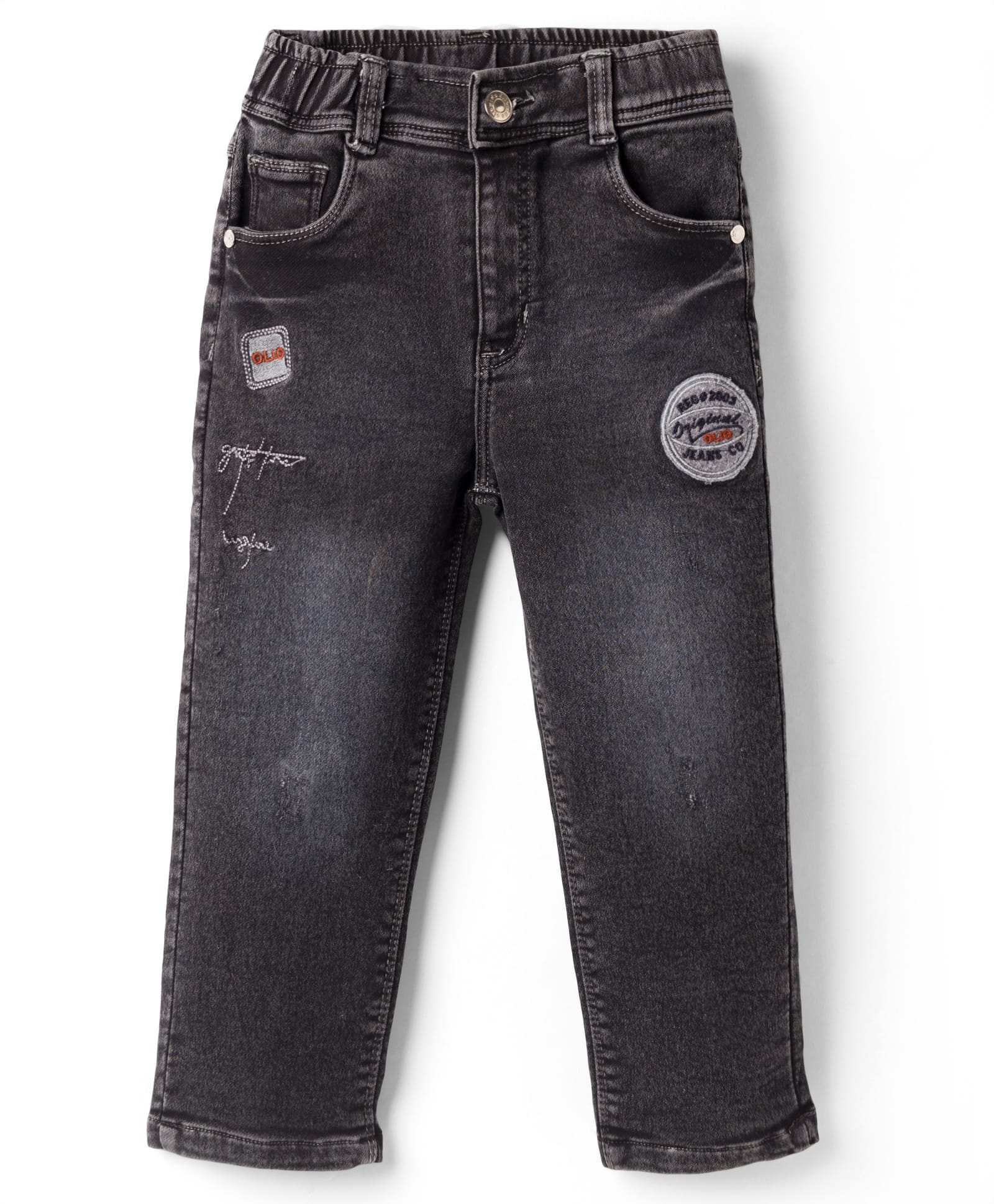 Olio Kids Denim Woven Full Length Distressed Solid Jeans With Patch - Black-picture-32