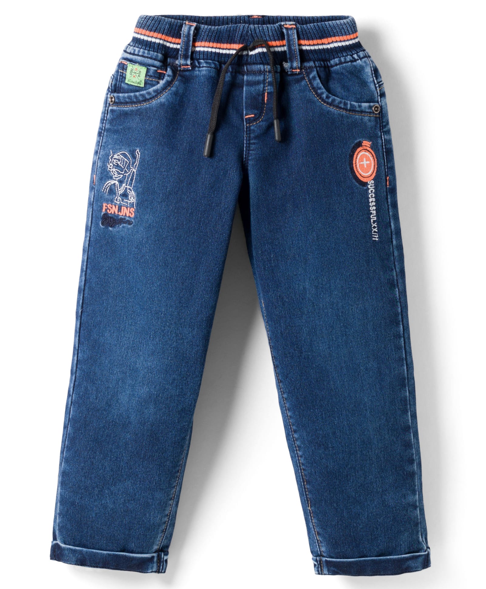 Olio Kids Denim Woven Full Length Jeans with Embroidery - Navy Blue-image-15