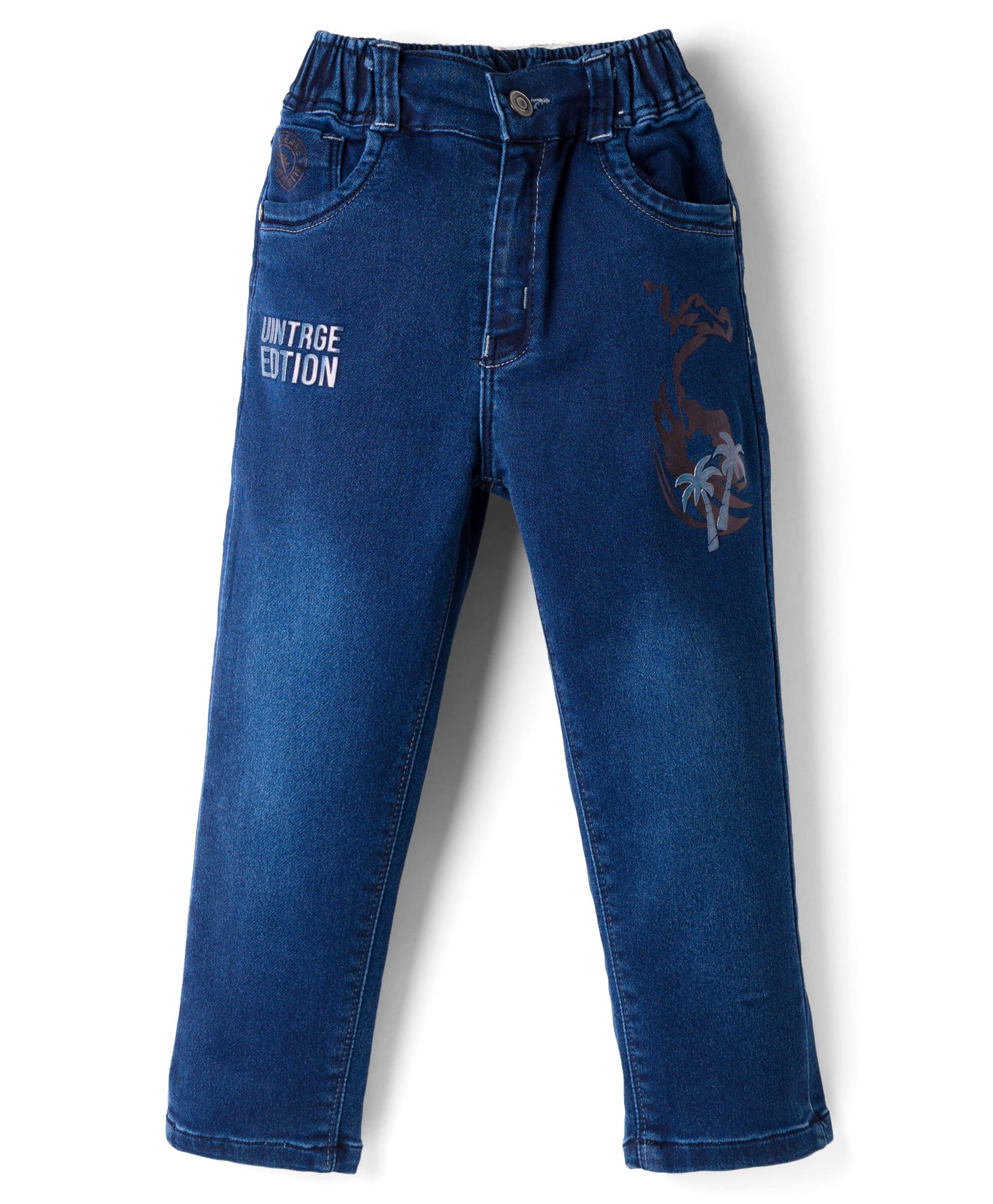 Olio Kids Denim Woven Full Length Solid Jeans With Beach Theme Print - Navy Blue-picture-11