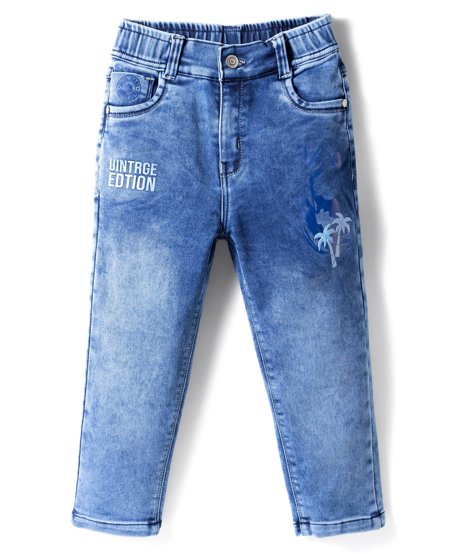 Olio Kids Denim Woven Full Length Solid Jeans With Beach Theme Print - Light Blue-picture-23
