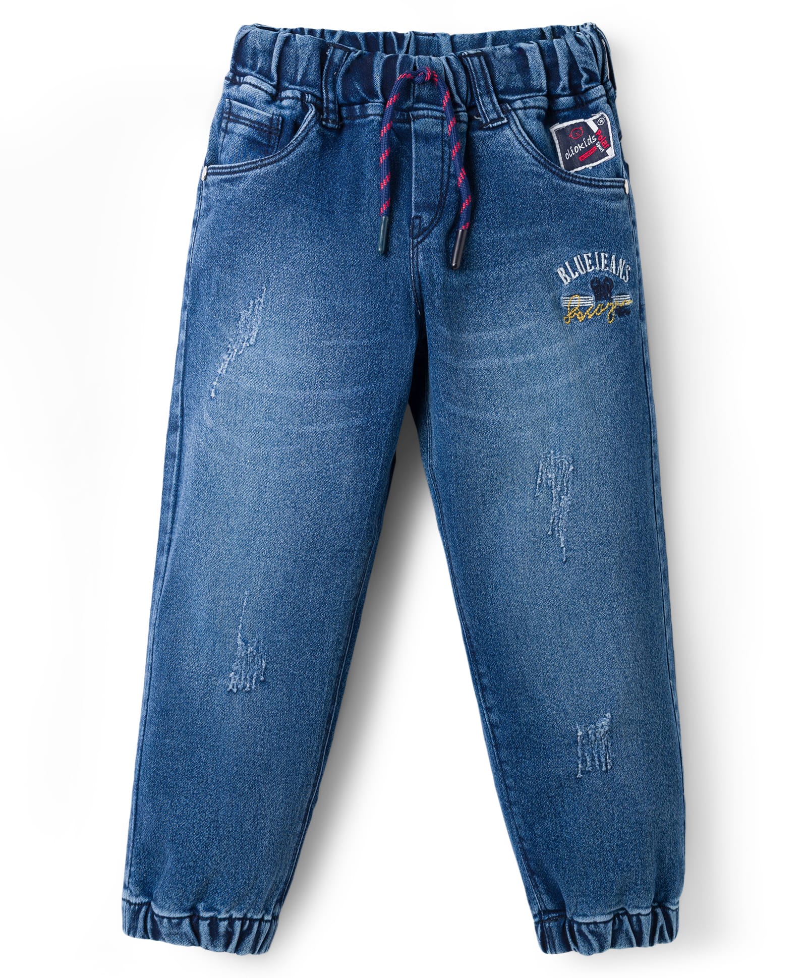 Olio Kids Denim Woven Full Length Distressed Jeans With Text Embroidery - Blue-picture-11