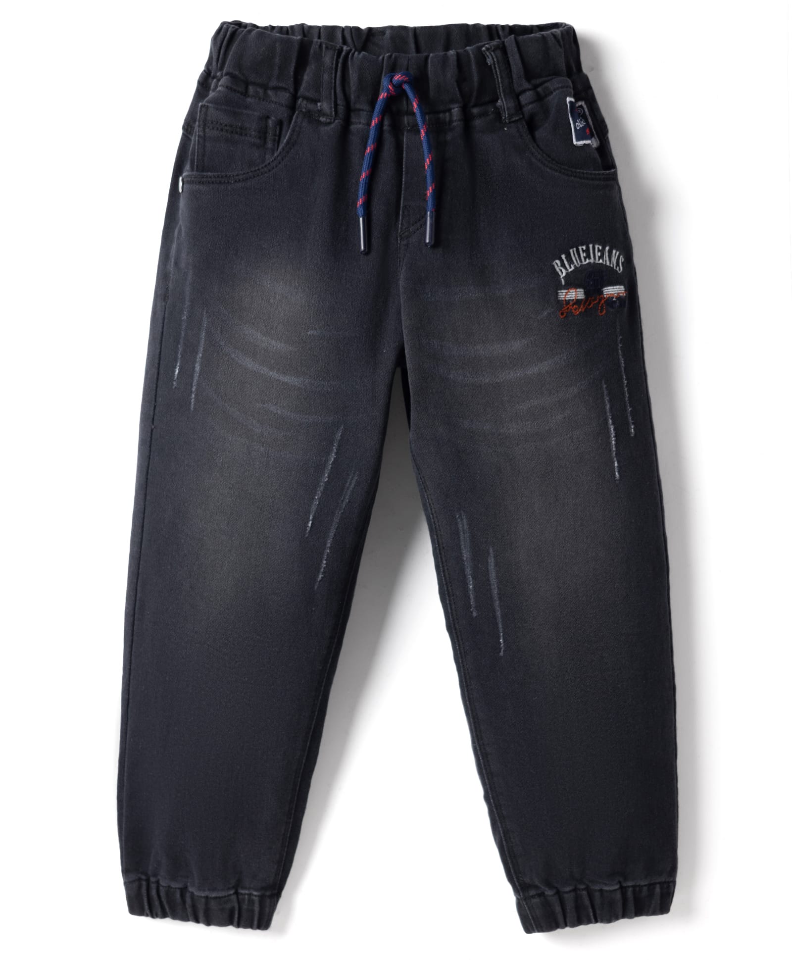 Olio Kids Denim Woven Full Length Distressed Jeans With Text Embroidery - Black-picture-14