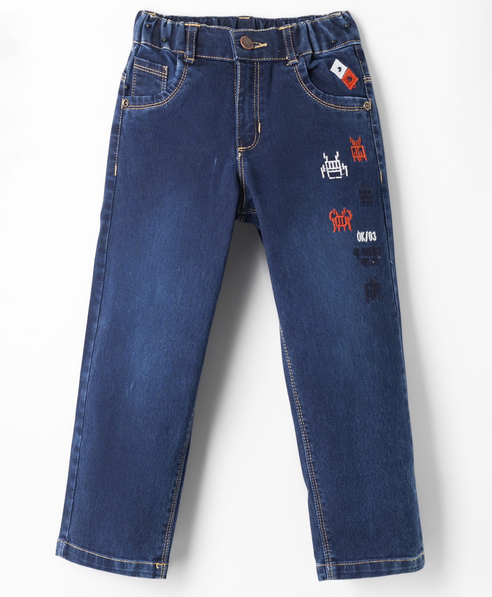 Olio Kids Denim Woven Full Length Jeans with Embroidery - Navy Blue-picture-26