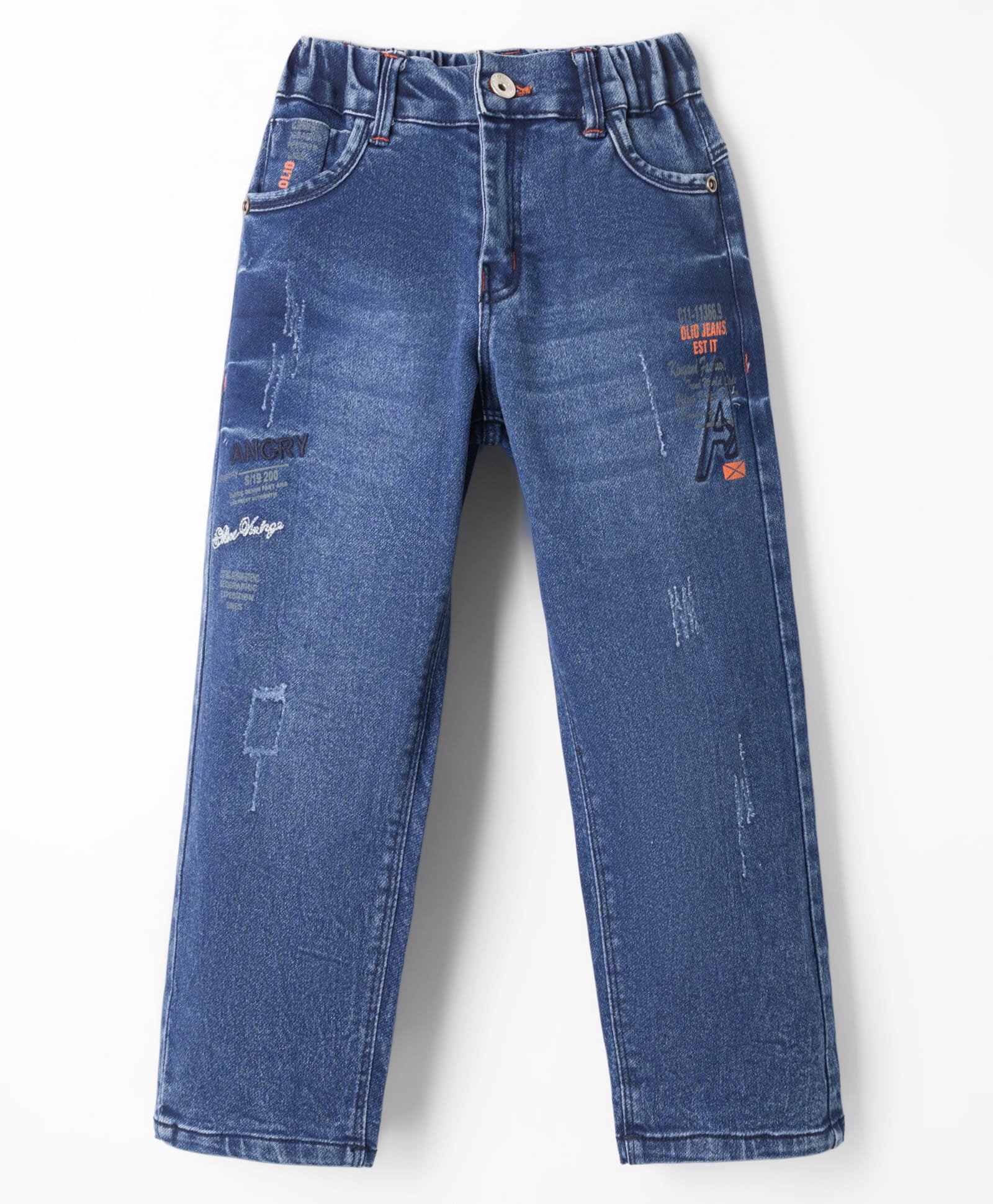 Olio Kids Denim Woven Full Length Jeans with Text Print - Navy Blue-picture-11