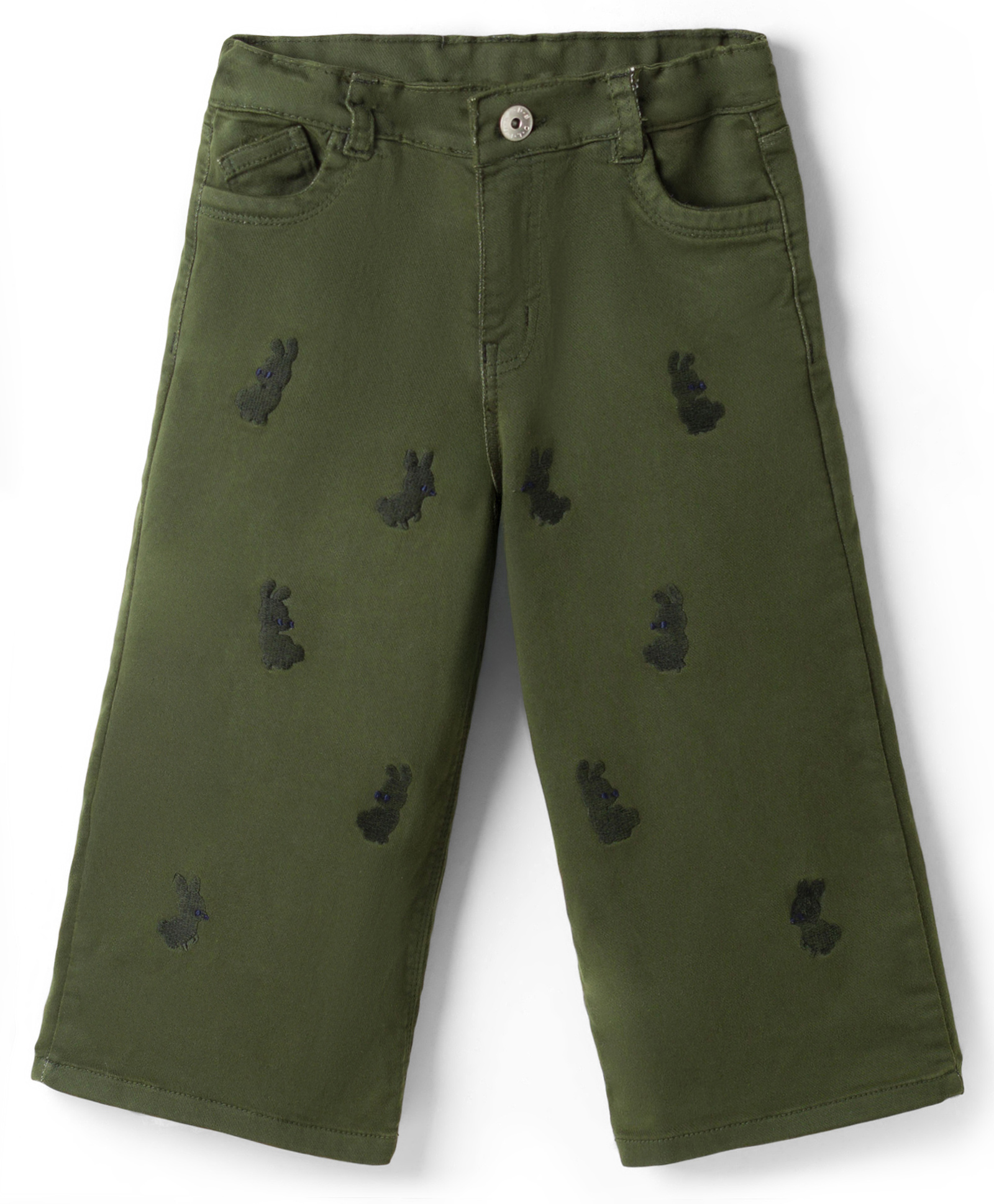 Olio Kids Cotton Woven Full Length Trouser with Bunny Embroidery - Olive Green-picture-26