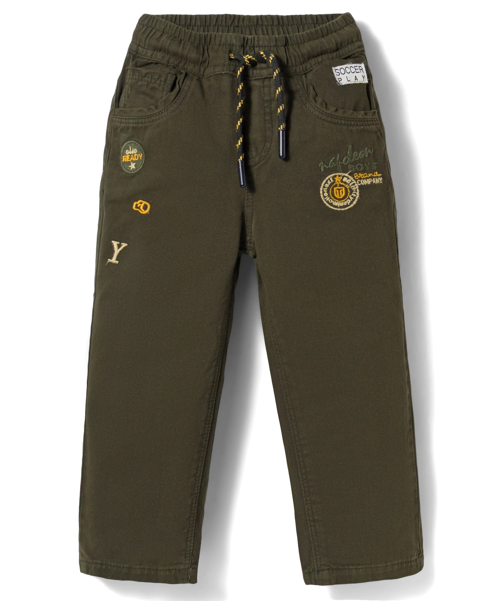Olio Kids Cotton Woven Full Length Text Embroidered Trouser With Patch - Olive Green-picture-31