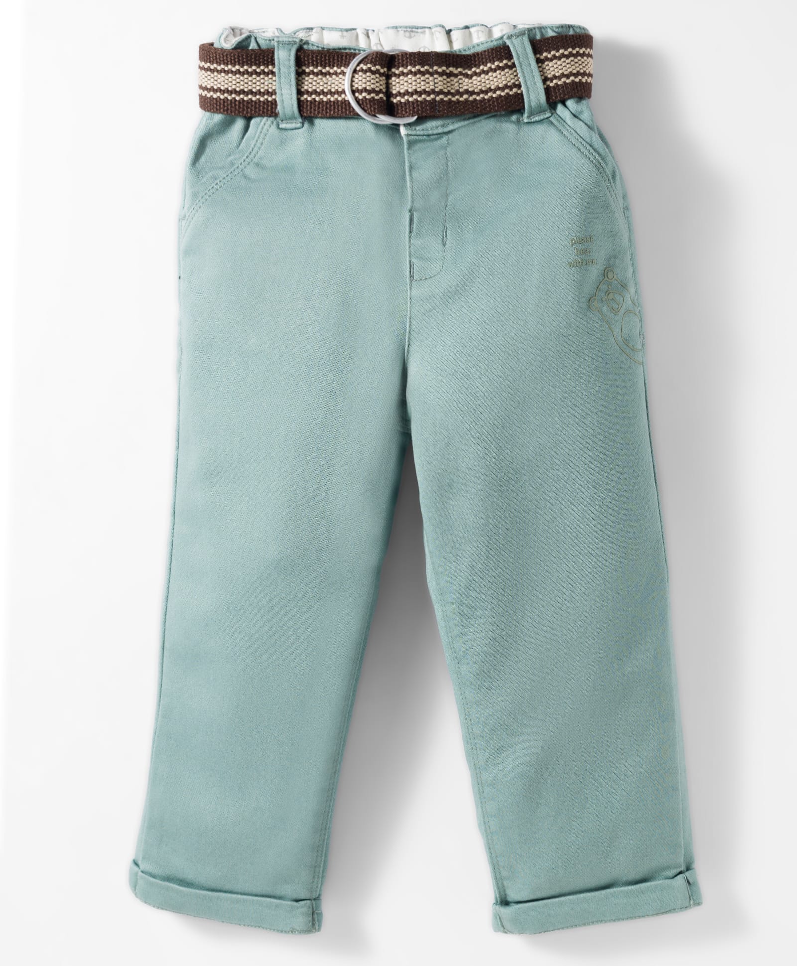 Olio Kids Cotton Woven Full Length Bear Printed Trouser With Belt - Sea Green-picture-37