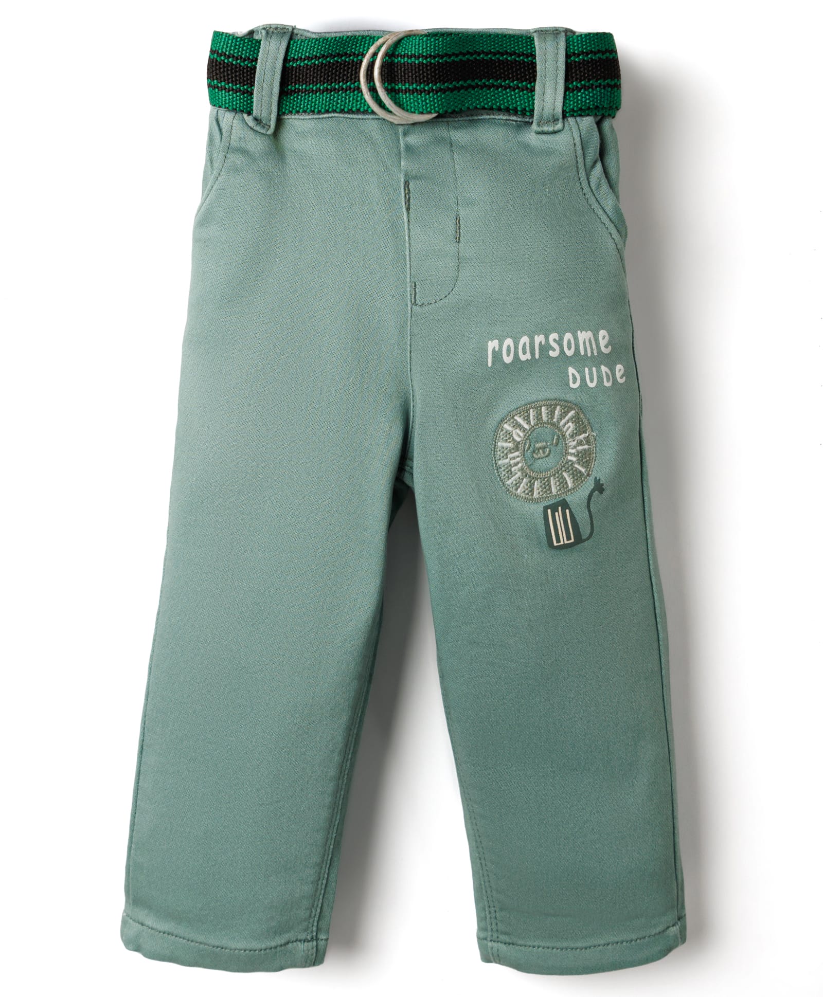 Olio Kids Cotton Woven Full Length Trouser with Belt & Lion Embroidery - Olive Green-picture-13