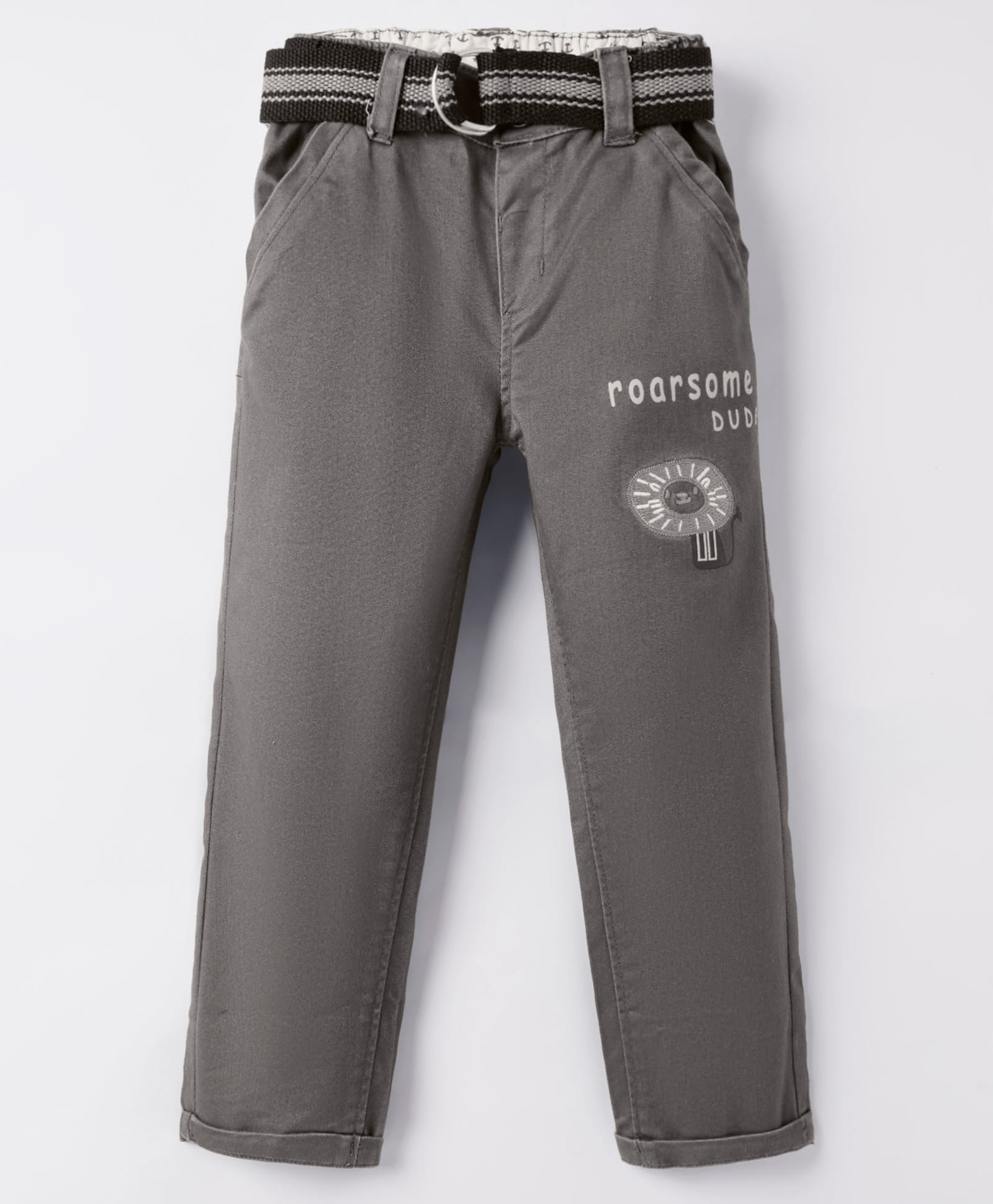 Olio Kids Cotton Woven Full Length Trouser with Belt & Lion Embroidery - Grey-picture-38