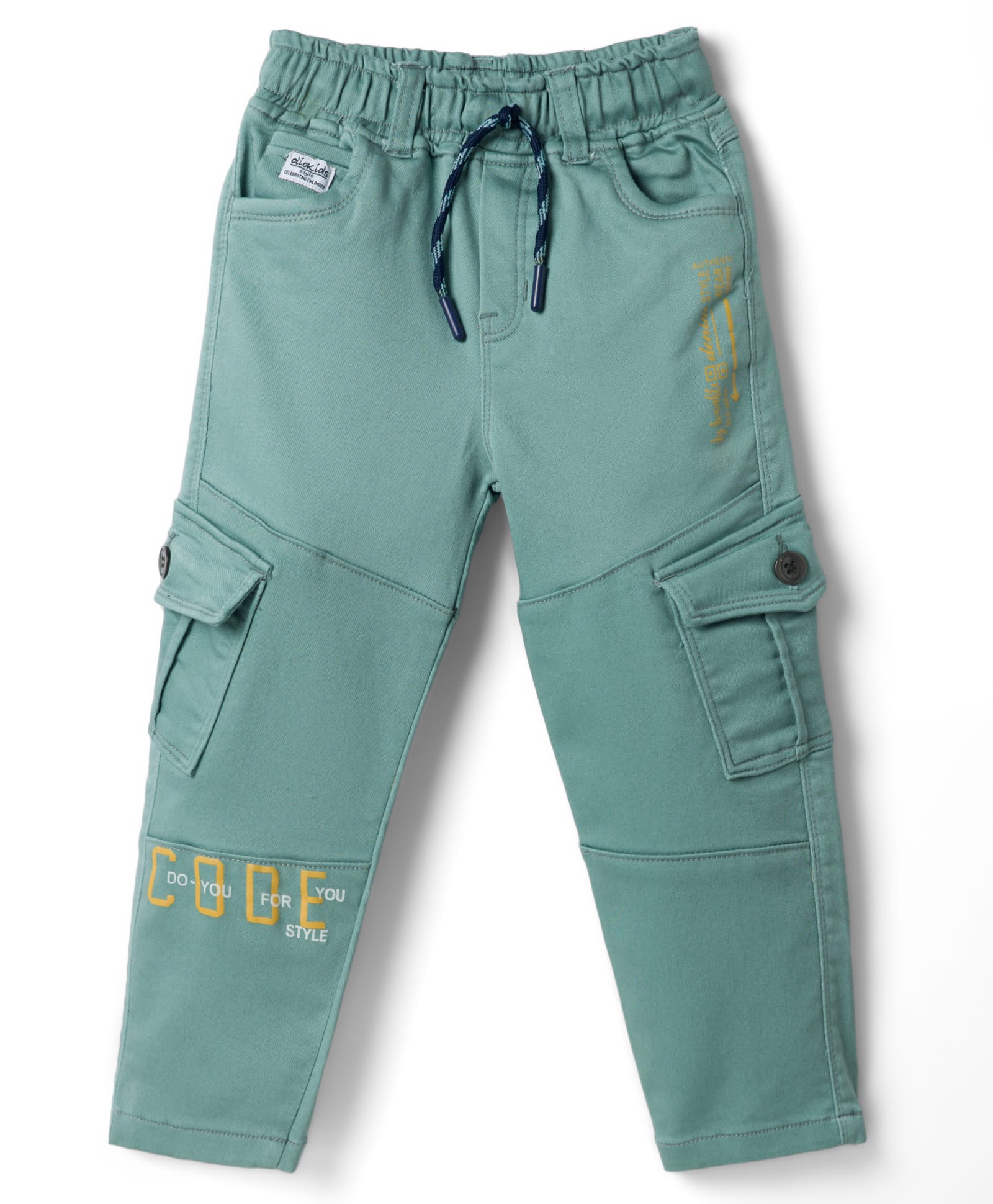 Olio Kids Cotton Woven Full Length Trouser with Cargo Pockets & Text Print - Sea Green-picture-25