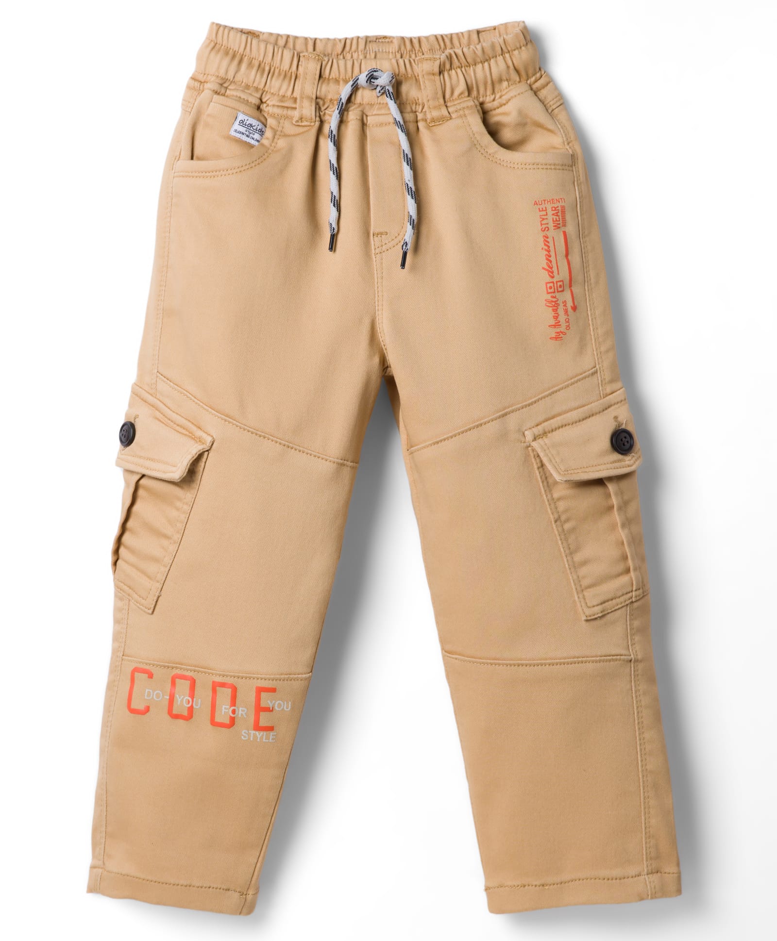 Olio Kids Cotton Woven Full Length Trouser with Cargo Pockets & Text Print - Khaki-picture-22